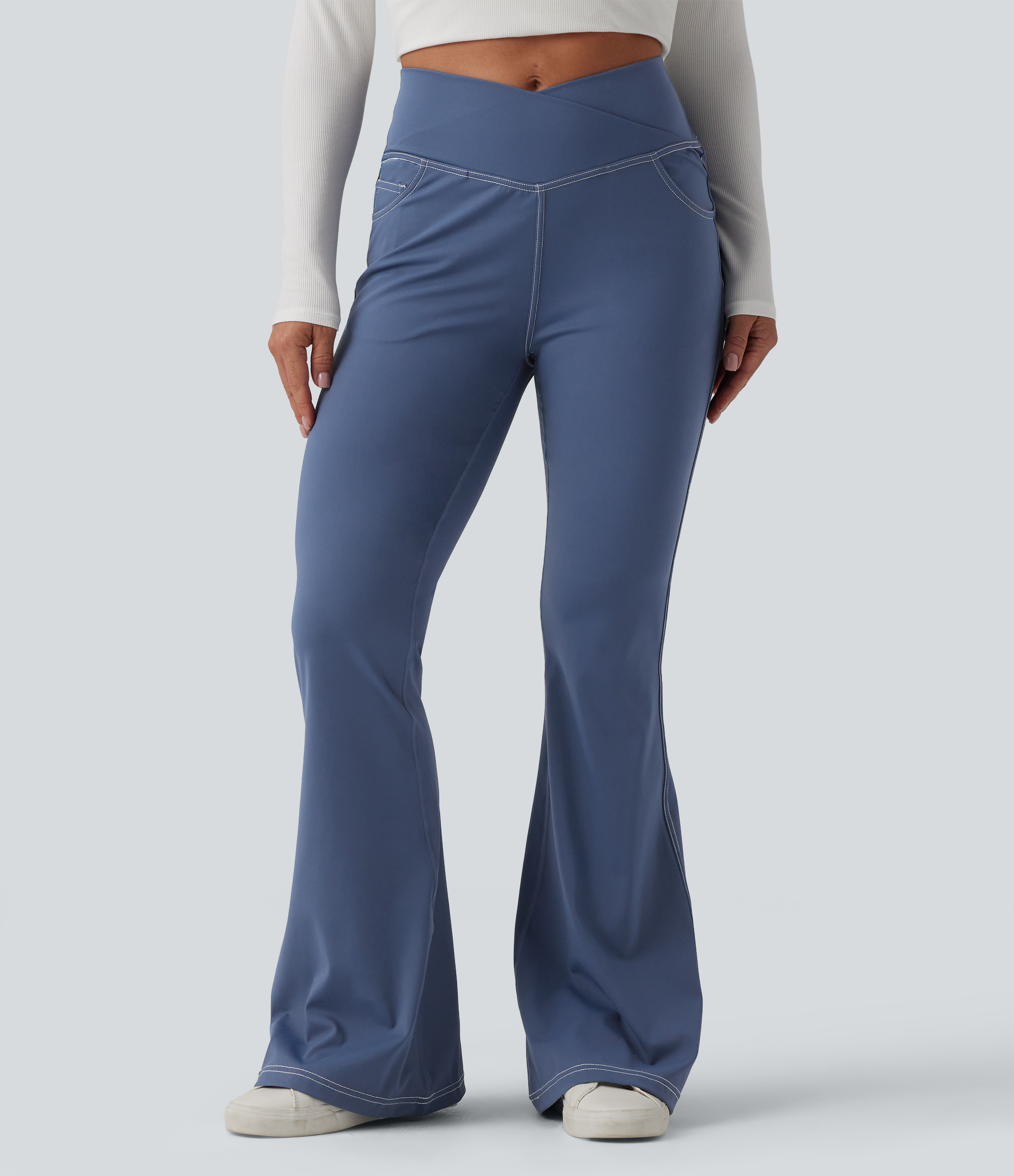 Mid Rise Crossover Super Flare Casual Leggings with Pockets