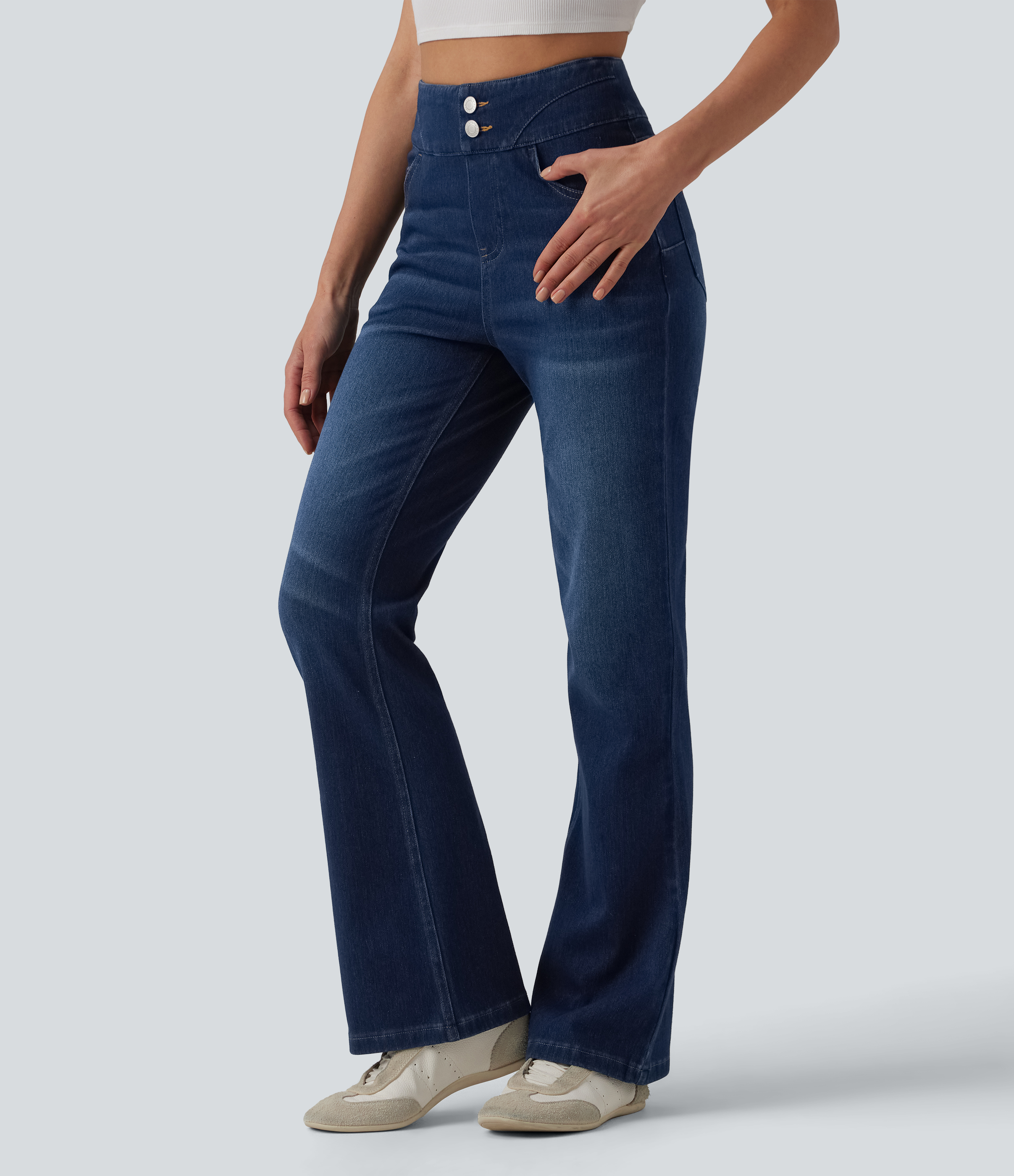 Halara Flex™ - Lässige Bootcut-Leggings aus Denim mit hohem Bund und mehreren Taschen