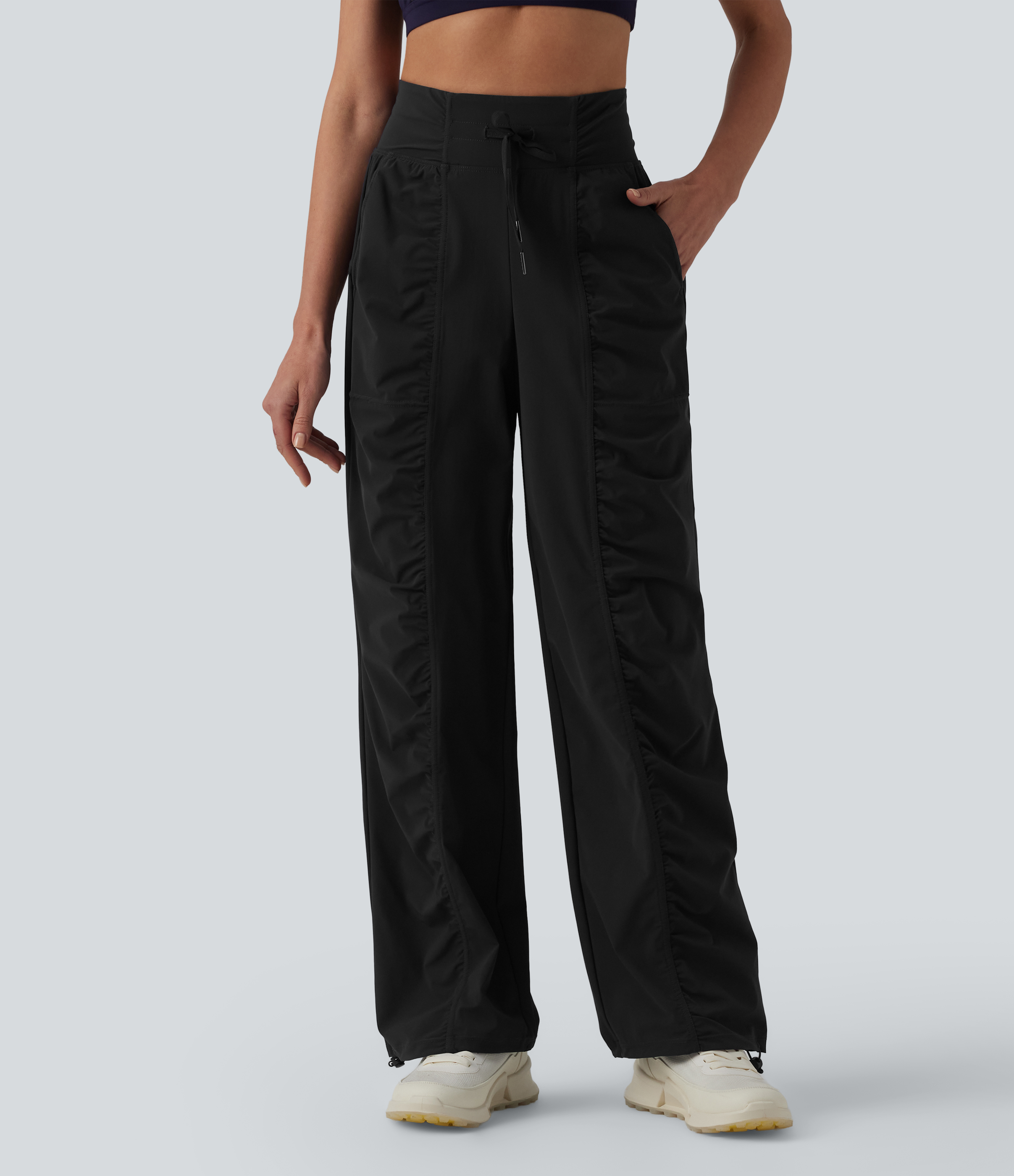 Pantalones de running de tiro alto con cordón, fruncidos, de secado rápido, de pierna recta y con bolsillos