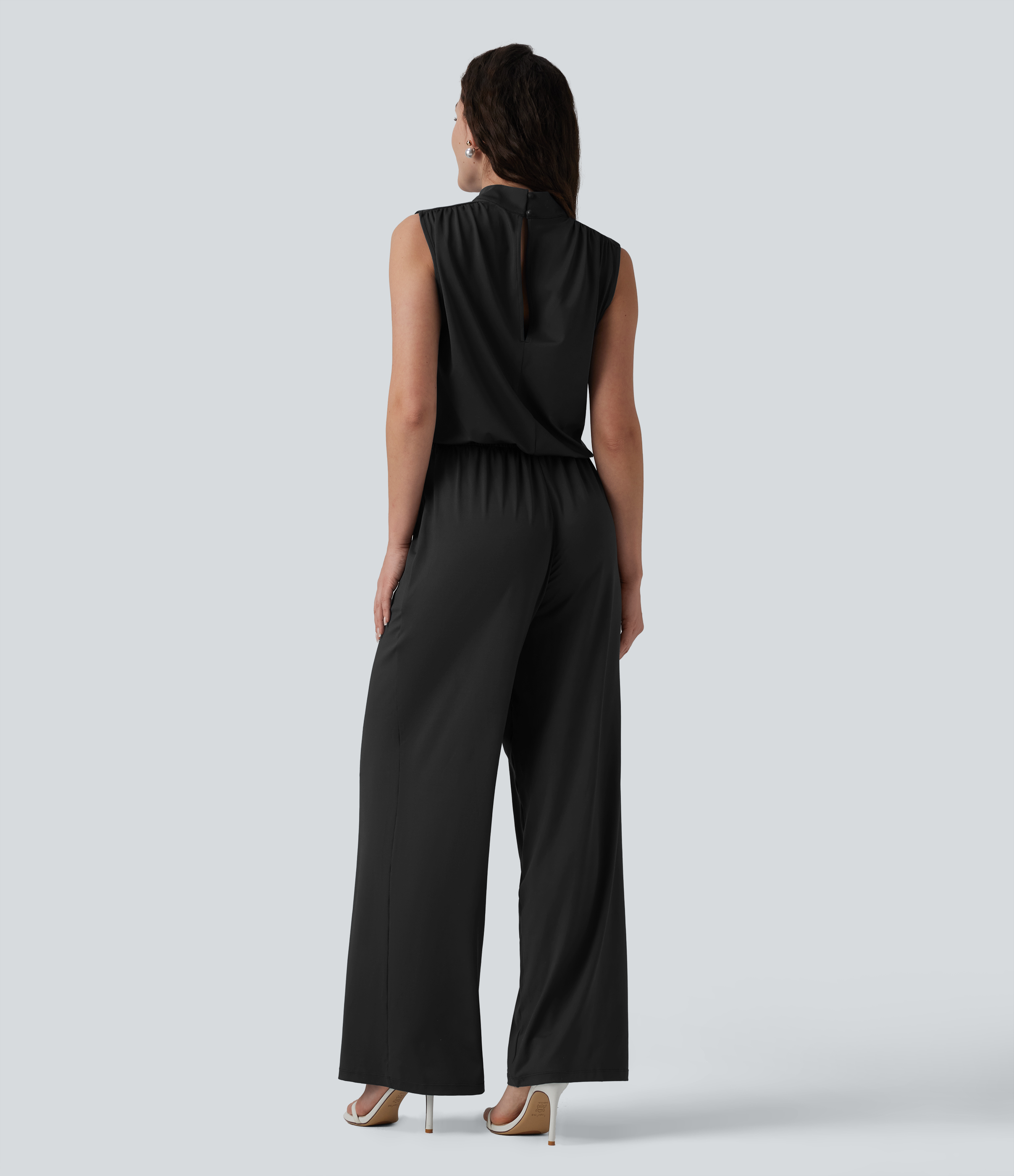 Black Stand Collar Sleeveless Straight Leg Bridesmaid And Wedding Guest Jumpsuit with Pockets-Easy Peezy / 2