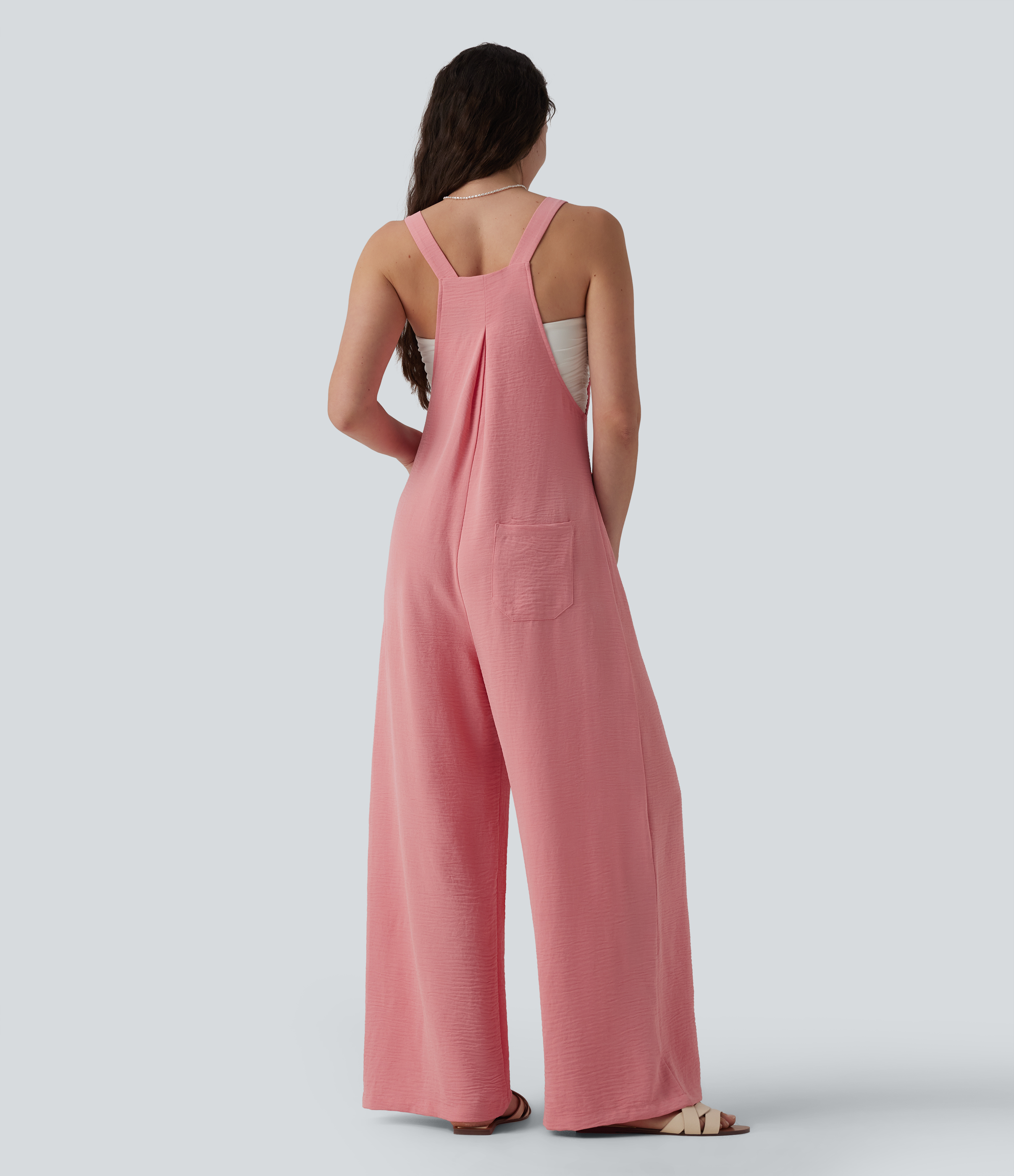 Mauveglow Adjustable Straps Pleated Linen-Feel Resort Dungarees with Pockets / 2