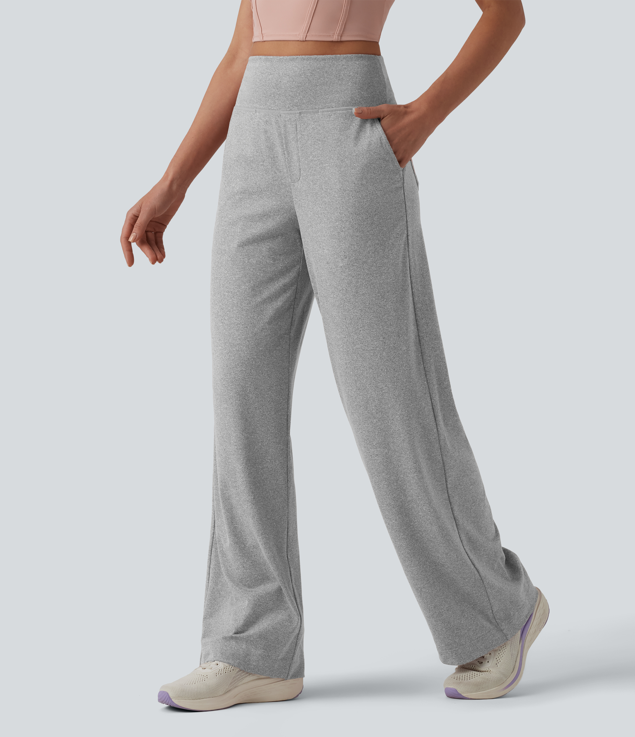 Melierte Yogahose mit hohem Bund, mehreren Taschen und geradem Bein