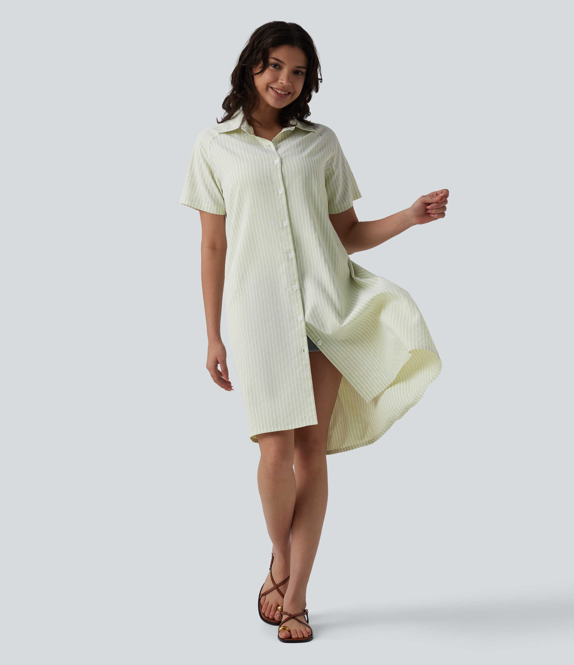 Collar Short Sleeve Stripes Print Midi Casual Shirt Dress with Pockets