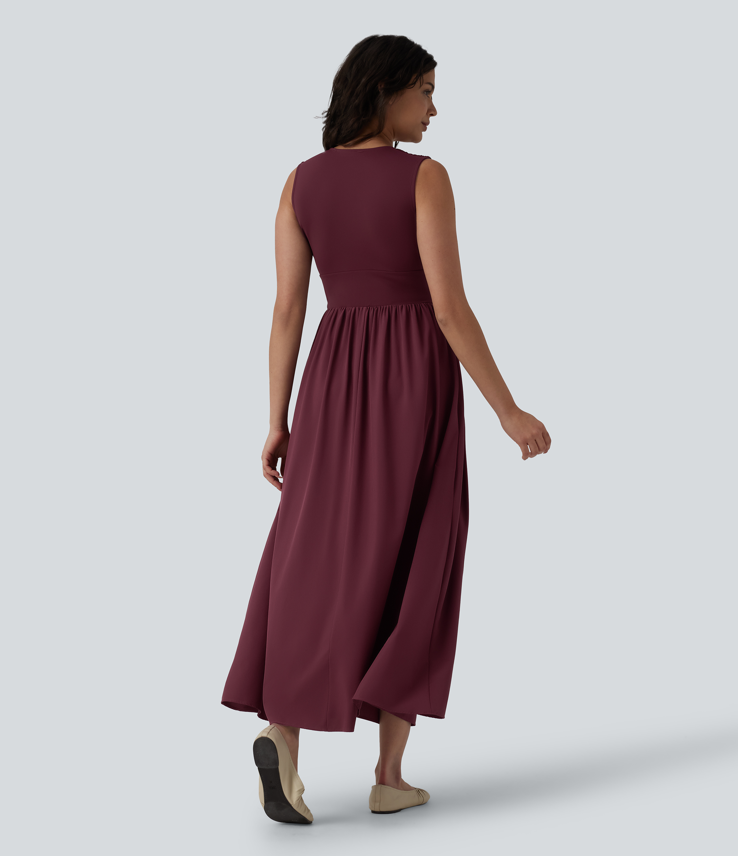 Berry Red Ärmelloses, fließendes Maxikleid mit V-Ausschnitt / 2