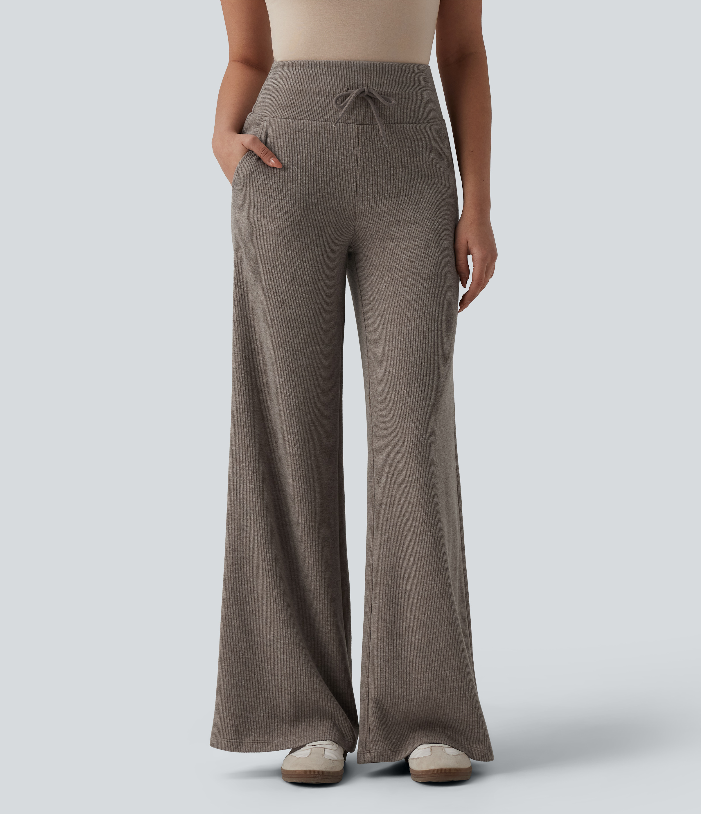 Ribbed Knit High Waisted Drawstring Tummy Control Casual Bootcut Pants with Pockets