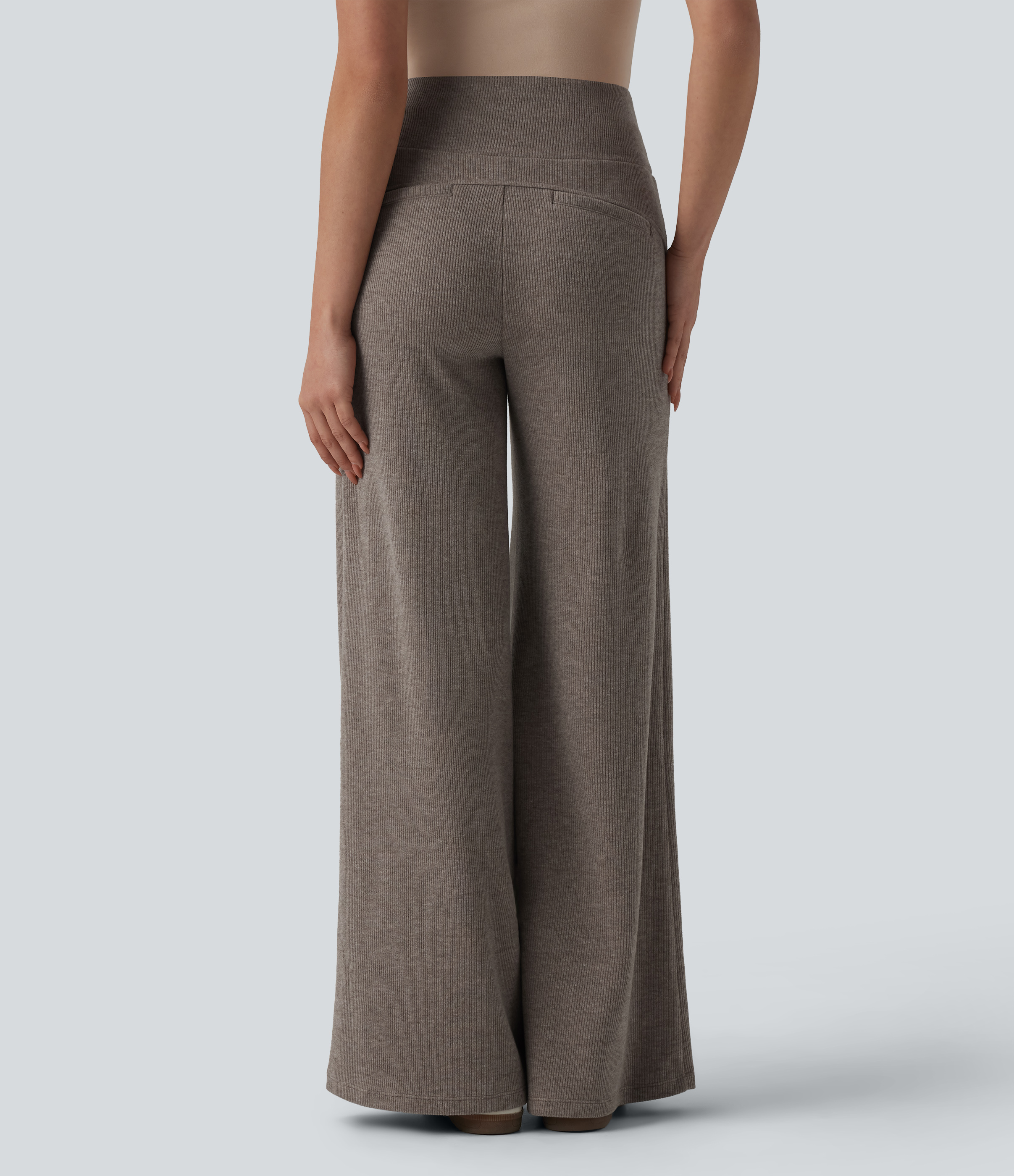  Taupe Stripe Ребрести плетени панталони с висока талия, връзка и оформящ ефект за корема — ежедневни, с разкроени крачоли и джобове / 2