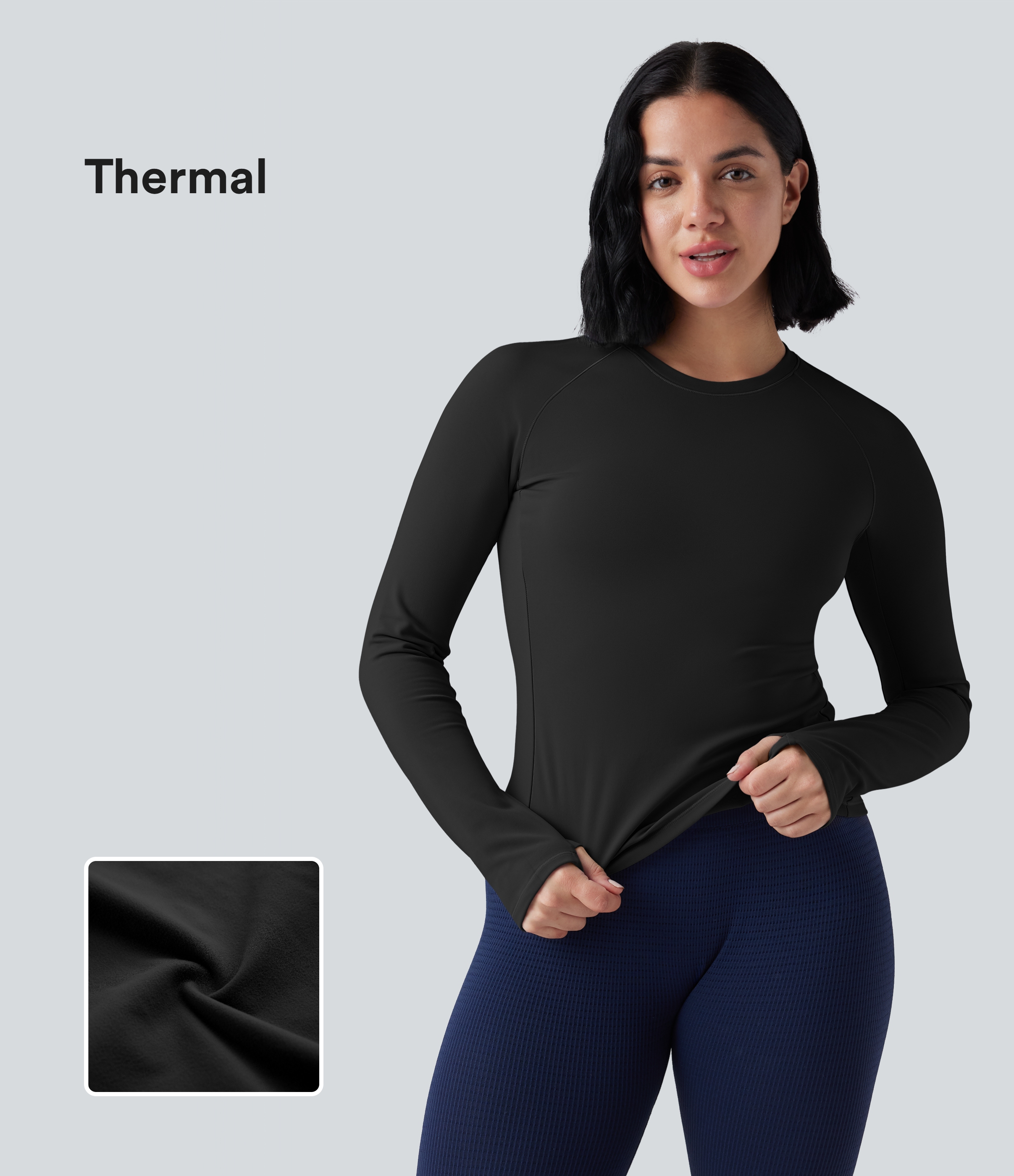 Schwarz Thermo-Yoga-Sport-Top mit Rundhalsausschnitt, langen Ärmeln und Daumenlöchern / 1