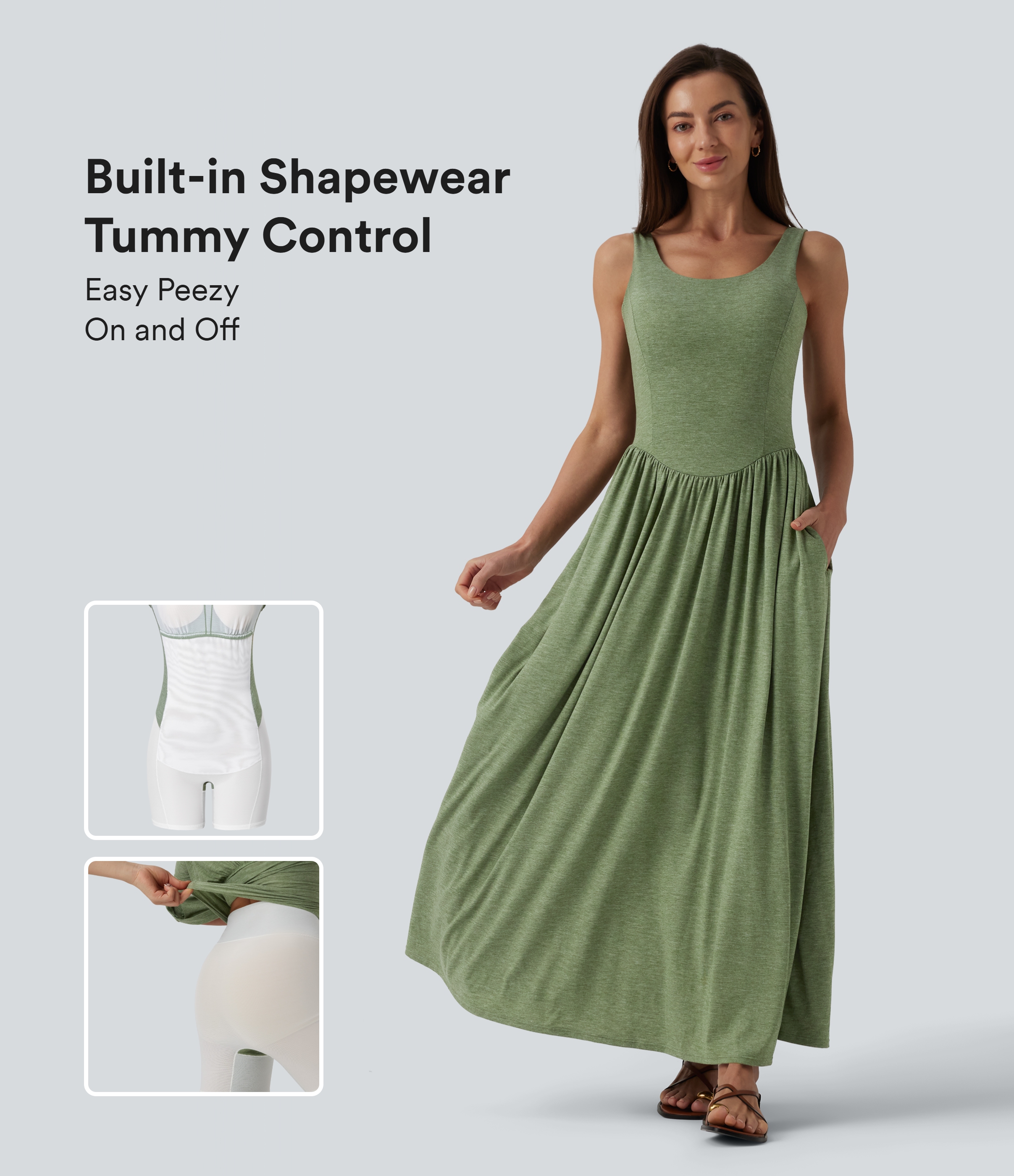 Rückenfreies, ärmelloses Maxikleid mit Seitentaschen, Bauchkontrolle und integrierter Shapewear - Easy Peezy
