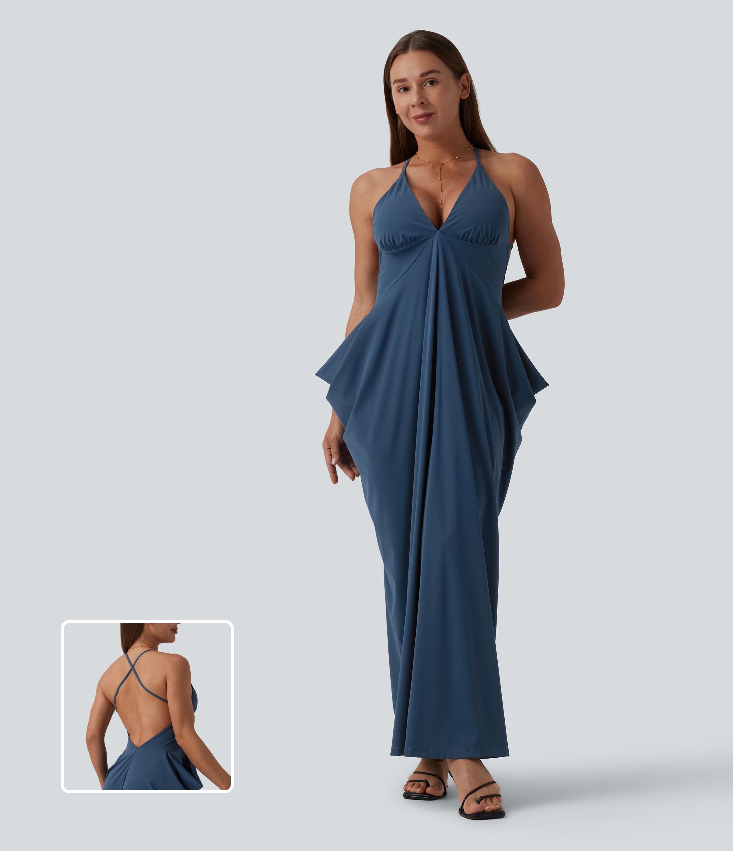 Crisscross Backless Deep V-neck Stacked Ruched Maxi Party Slip Dress