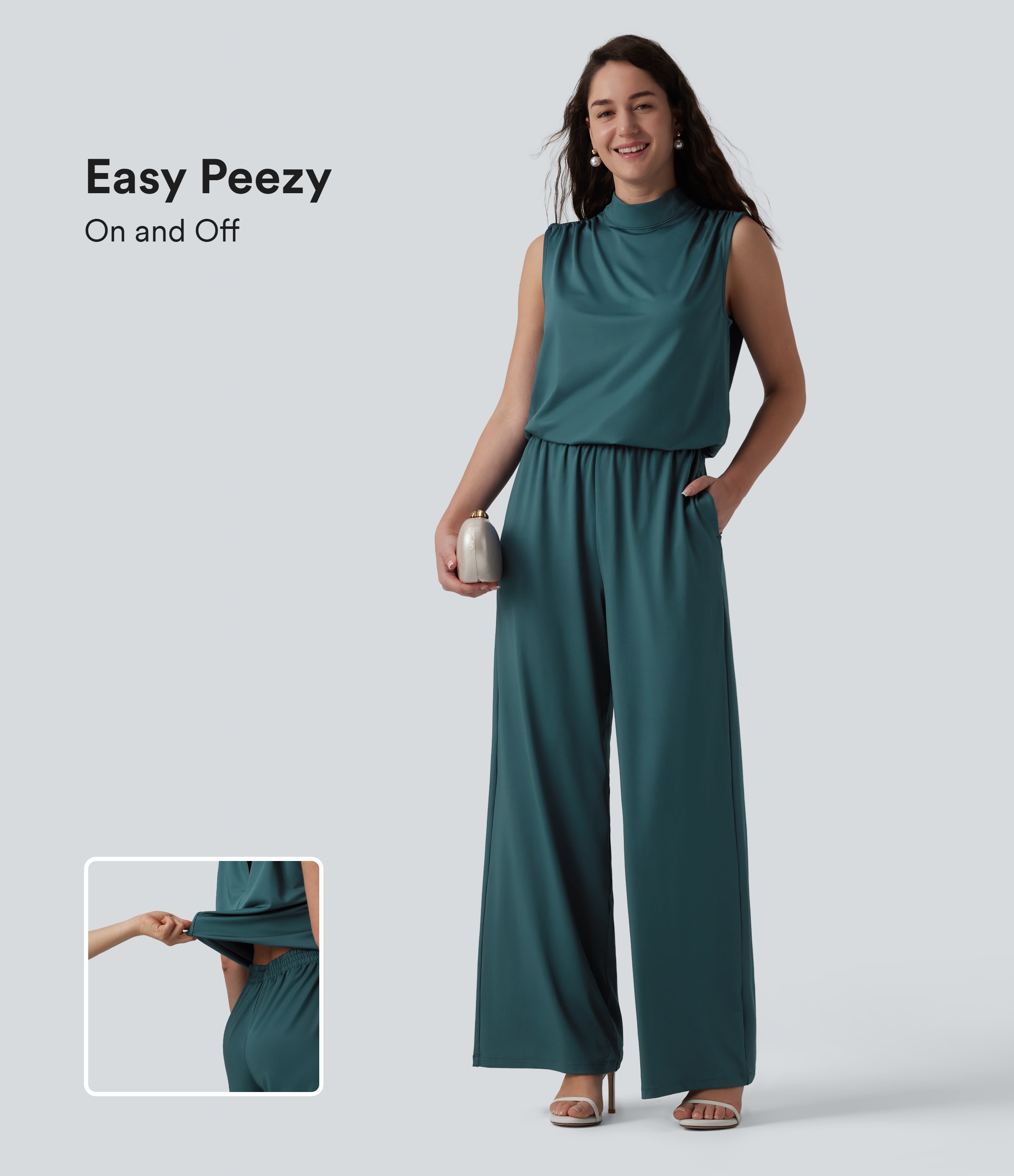 Ärmelloser Jumpsuit mit Stehkragen, Seitentaschen und geradem Bein für Brautjungfern und Hochzeitsgäste - Easy Peezy