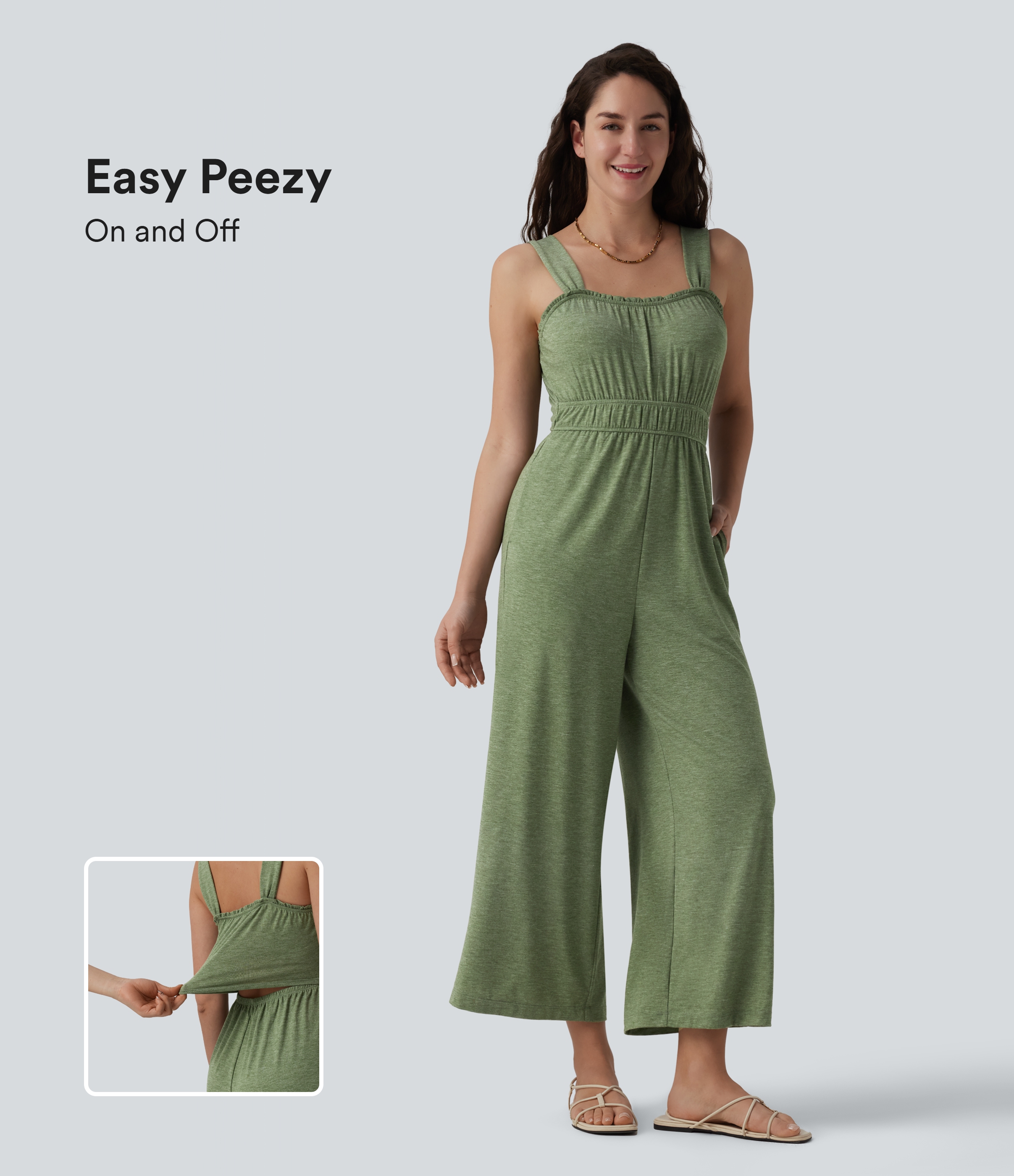 Sleeveless Frill Trim 7/8 Resort Jumpsuit with Pockets-Easy Peezy