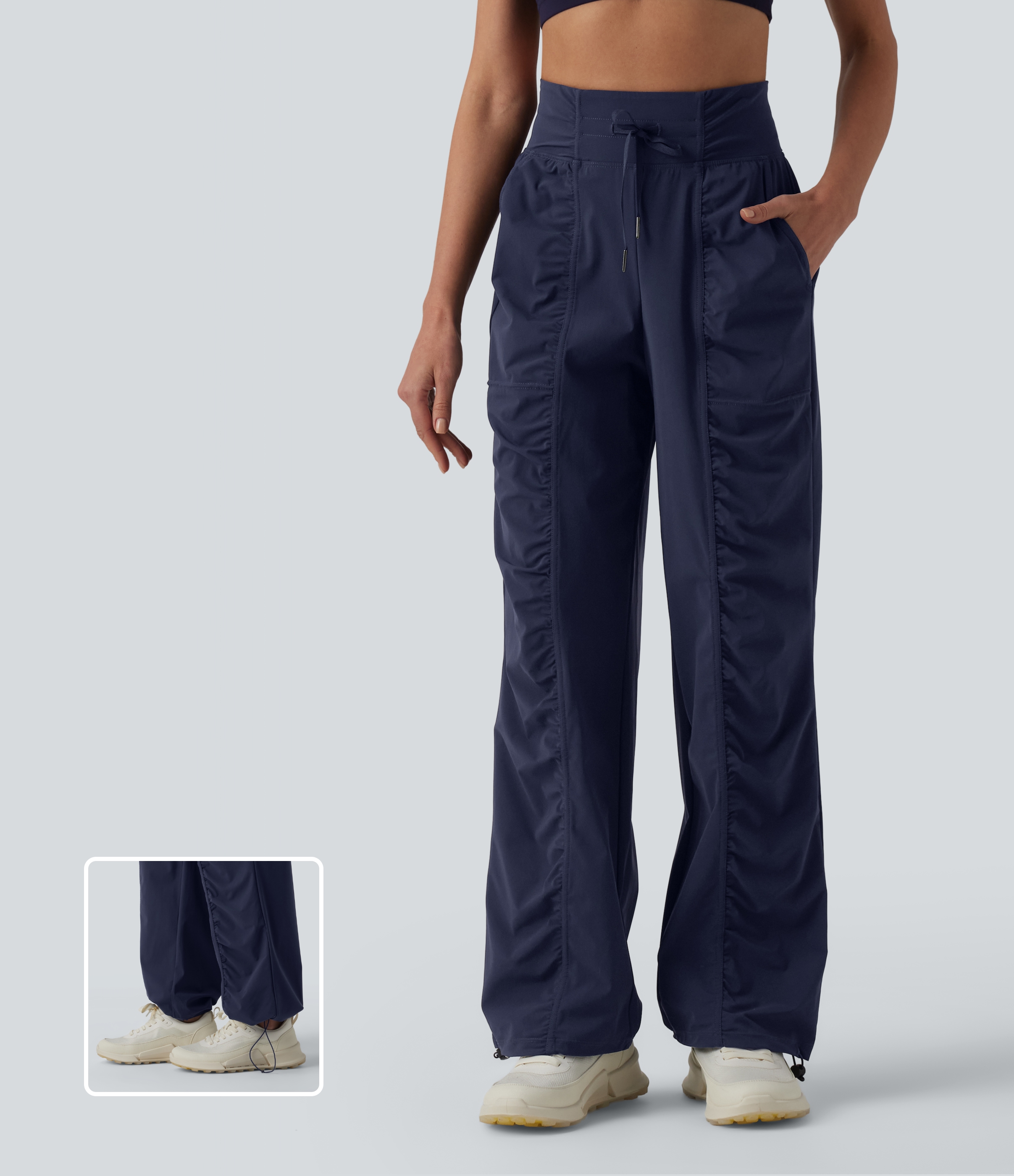 High Waisted Drawstring Ruched Quick Dry Running Straight Leg Pants with Pockets