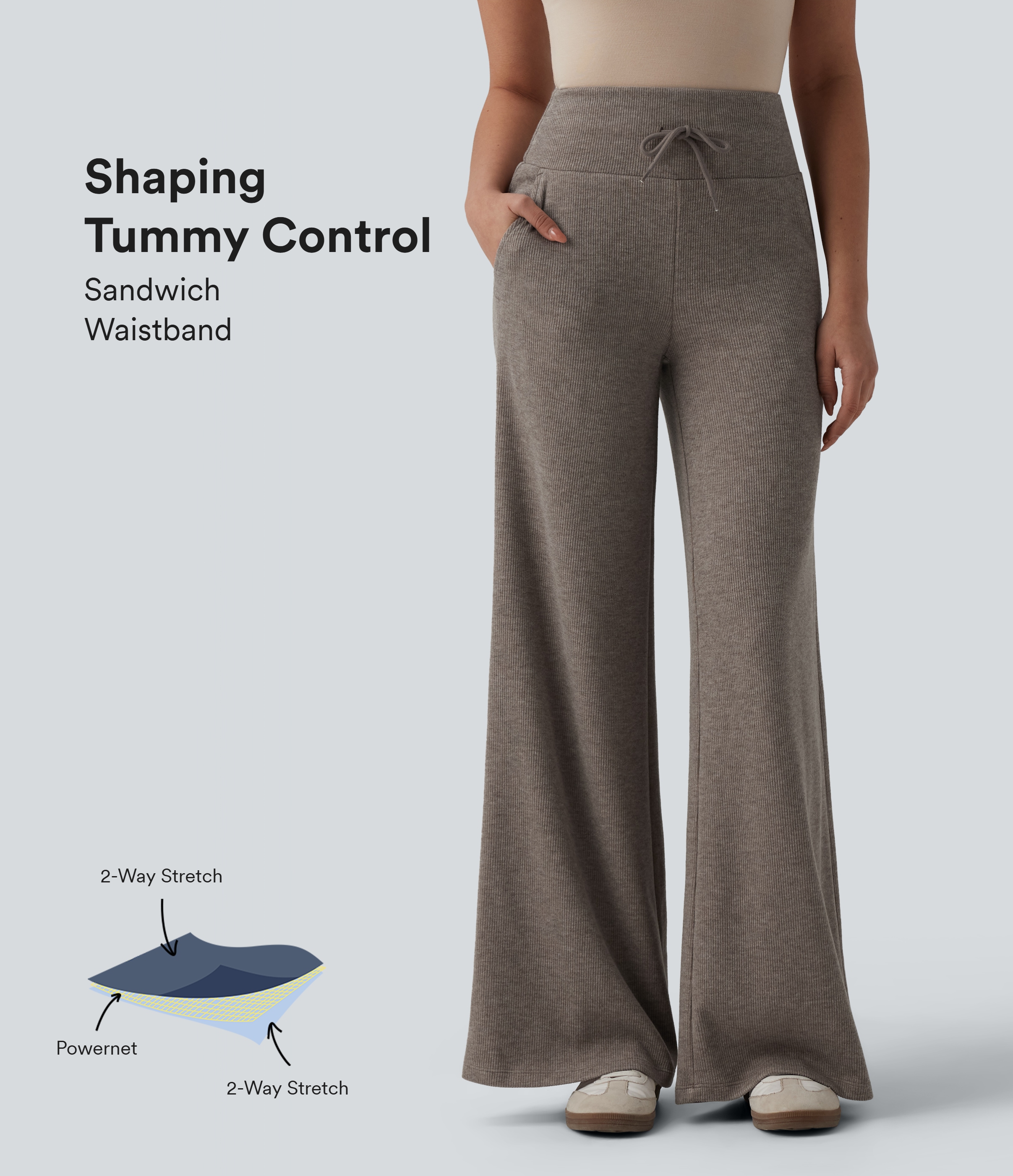 Ribbed Knit High Waisted Drawstring Tummy Control Casual Bootcut Trousers with Pockets