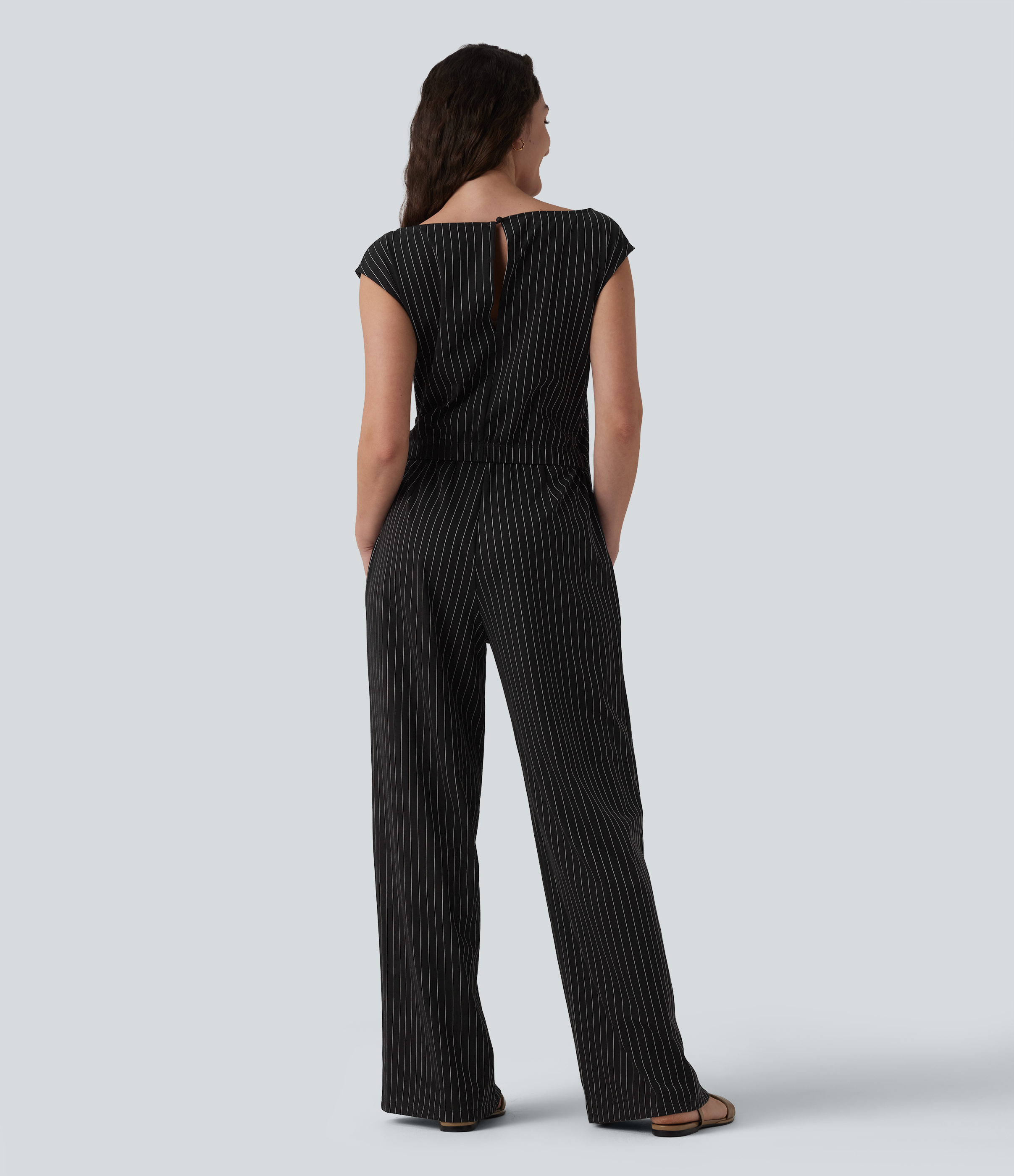 Black White Pinstripe Boat Neck Sleeveless Tie Side Cool Touch Stripe Work Jumpsuit with Pockets-Easy Peezy Edition / 2