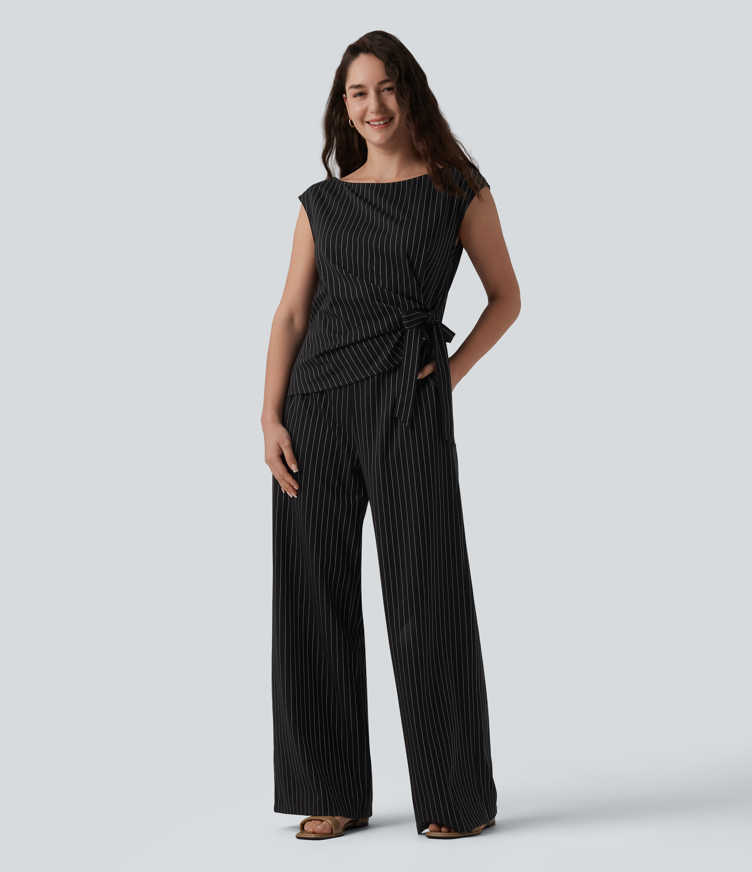 Women's Boat Neck Sleeveless Tie Side Cool Touch Stripe Work
