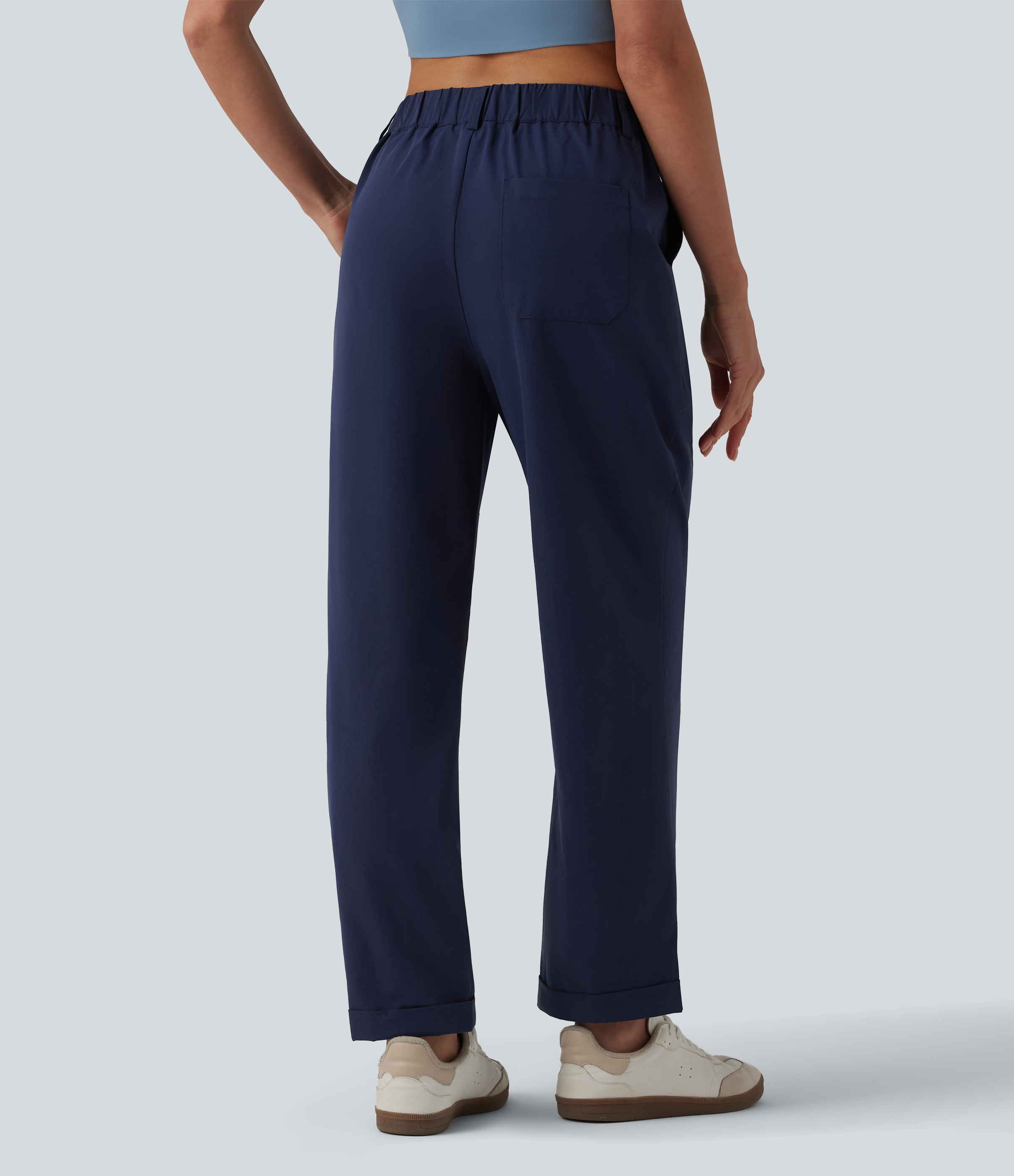 Peacoat Mid Rise Pleated Rolled Hem 7/8 Stretchy Poplin Casual Tapered Pants with Pockets / 2