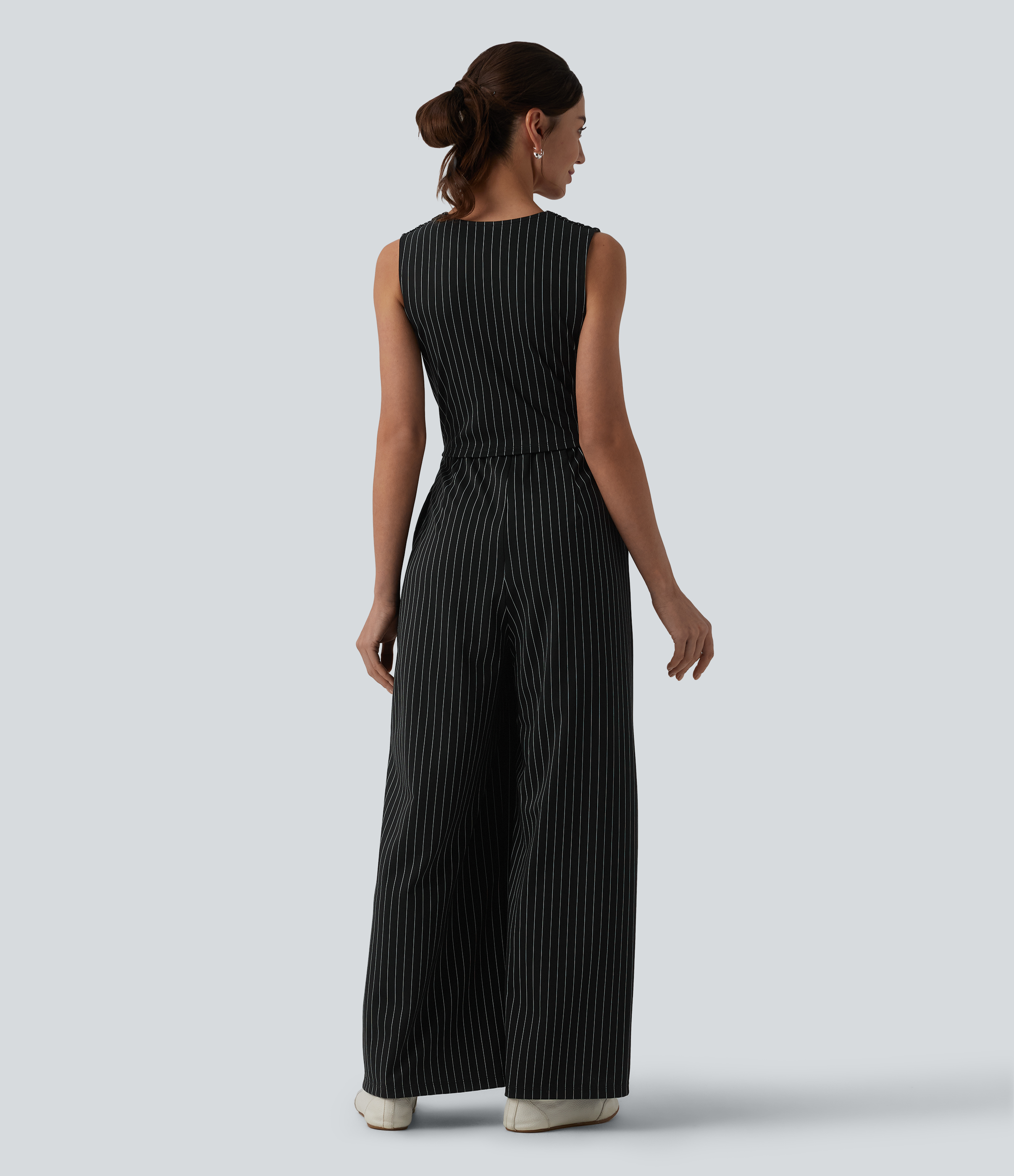 Black White Pinstripe V Neck Sleeveless Ruched Stripes Work Jumpsuit with Pockets-Easy Peezy / 2