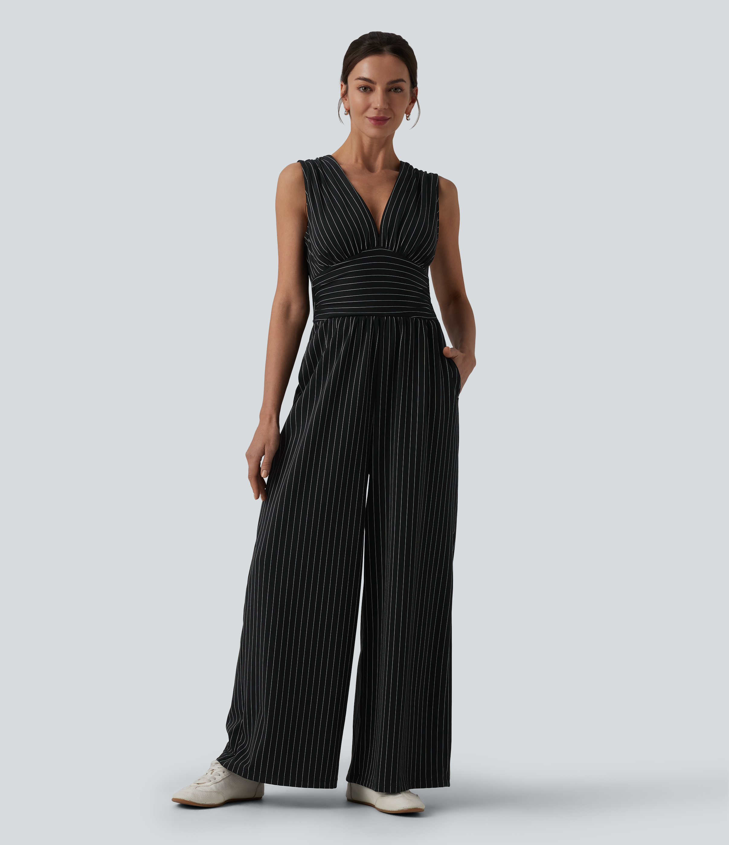 V Neck Sleeveless Ruched Stripes Work Jumpsuit with Pockets-Easy Peezy