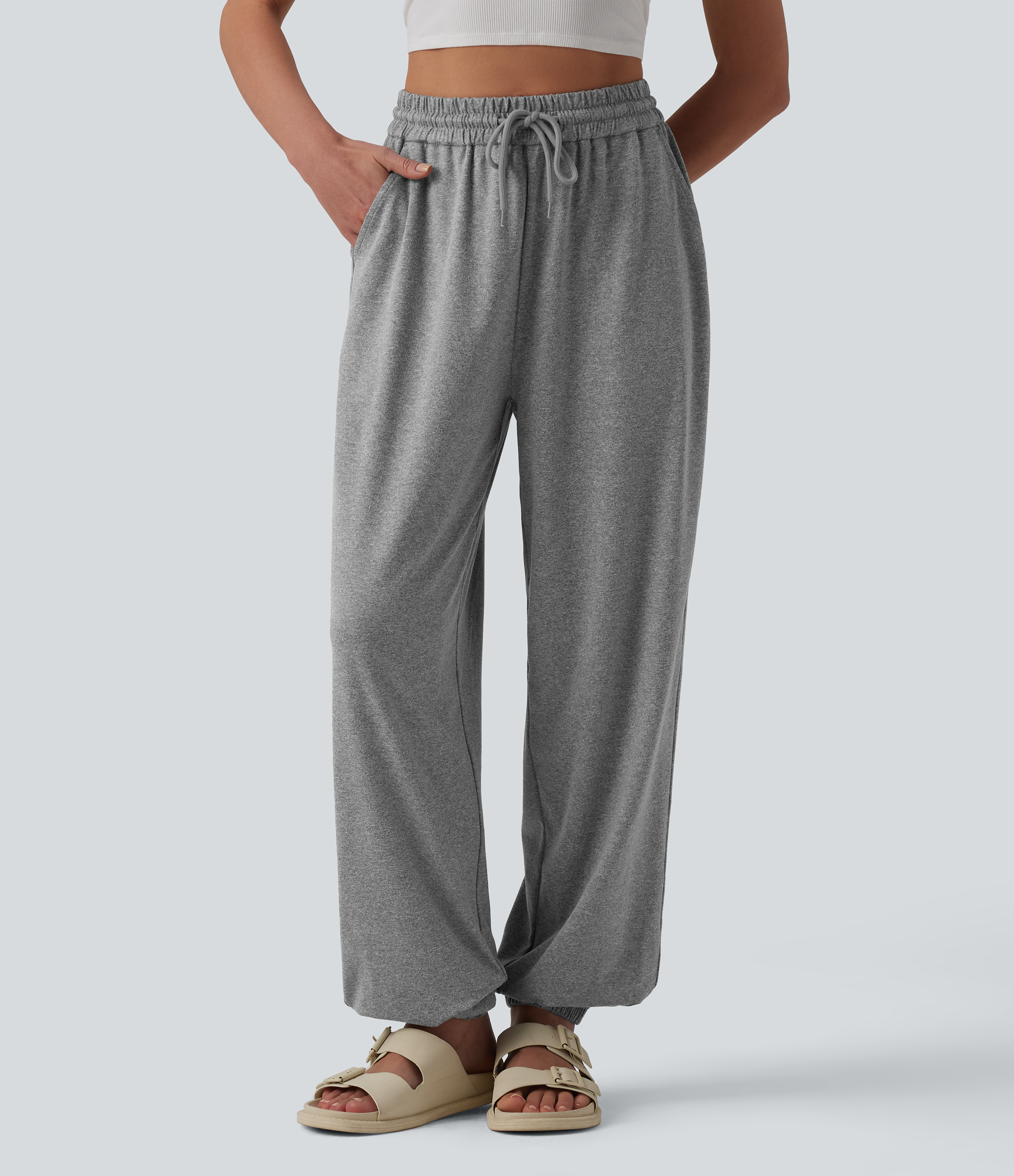 Lässige Jogginghose mit hohem Bund, Seitentaschen, Kordelzug und weitem Bein