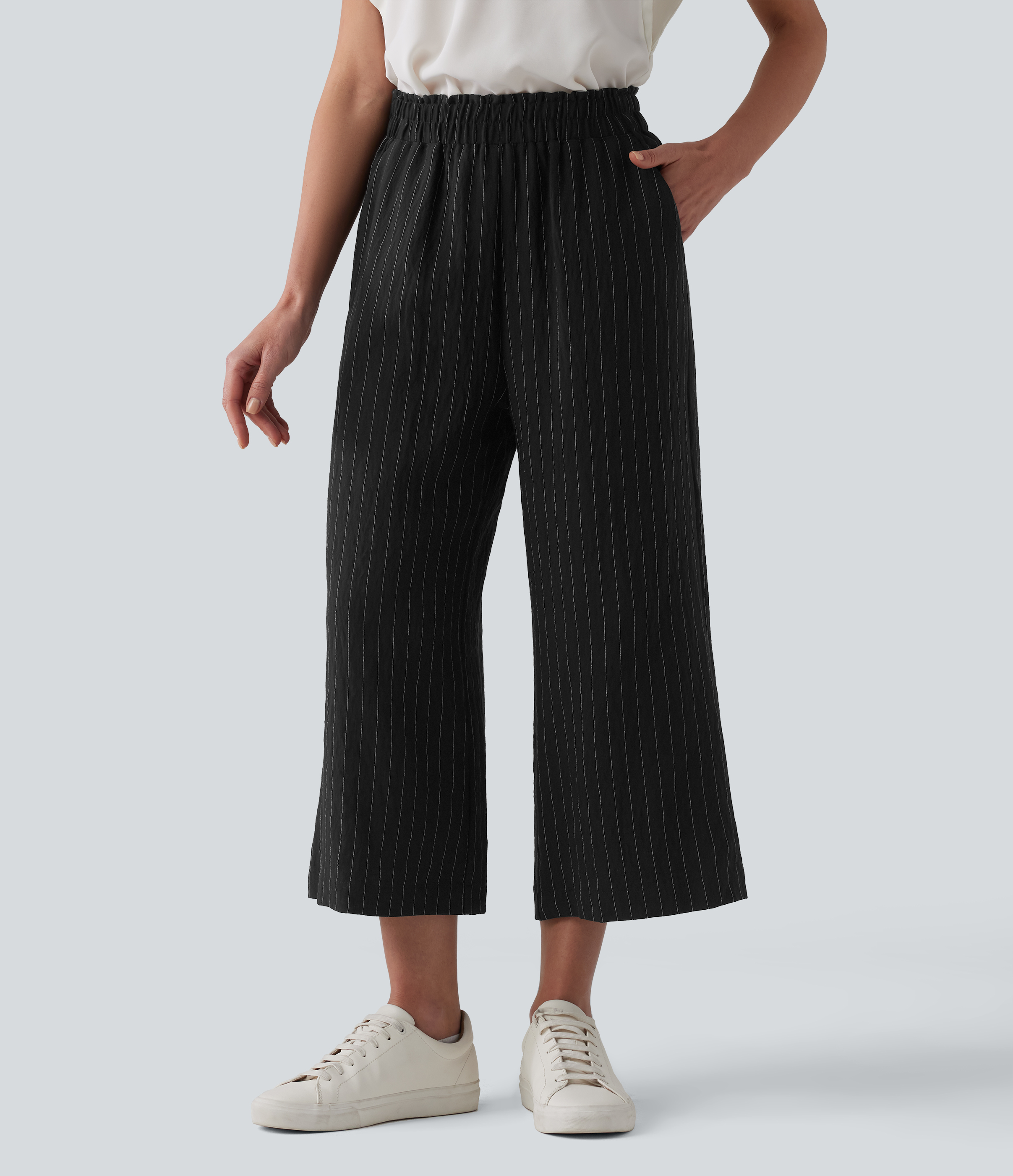 High Waisted Wide Leg Stripe Cropped Casual Linen-Blend Pants with Pockets