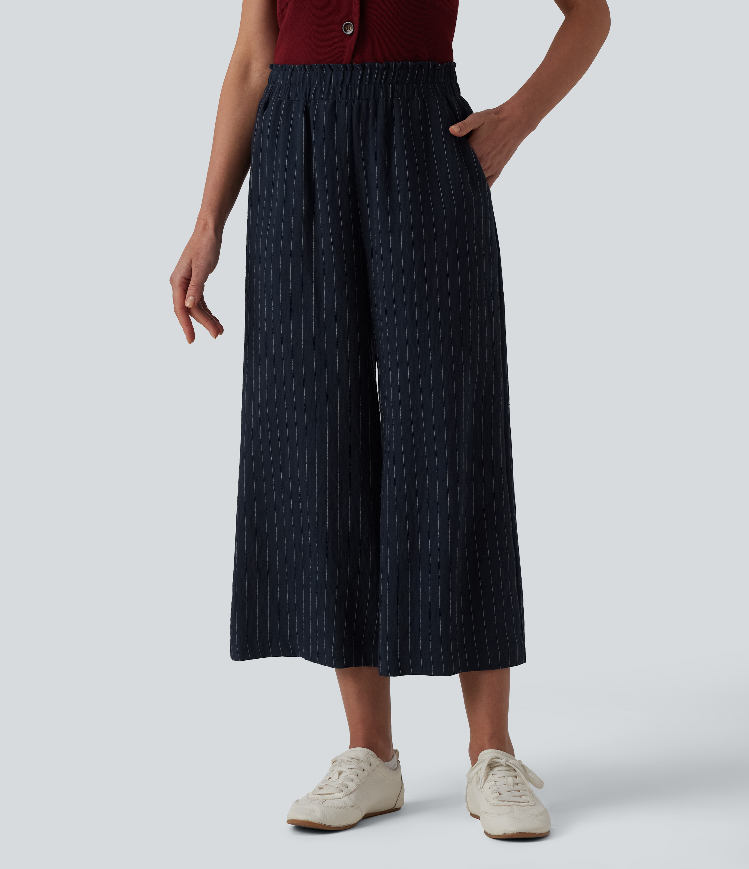 Pantalon casual 7/8 large ample mélange lin taille haute à rayures avec poches