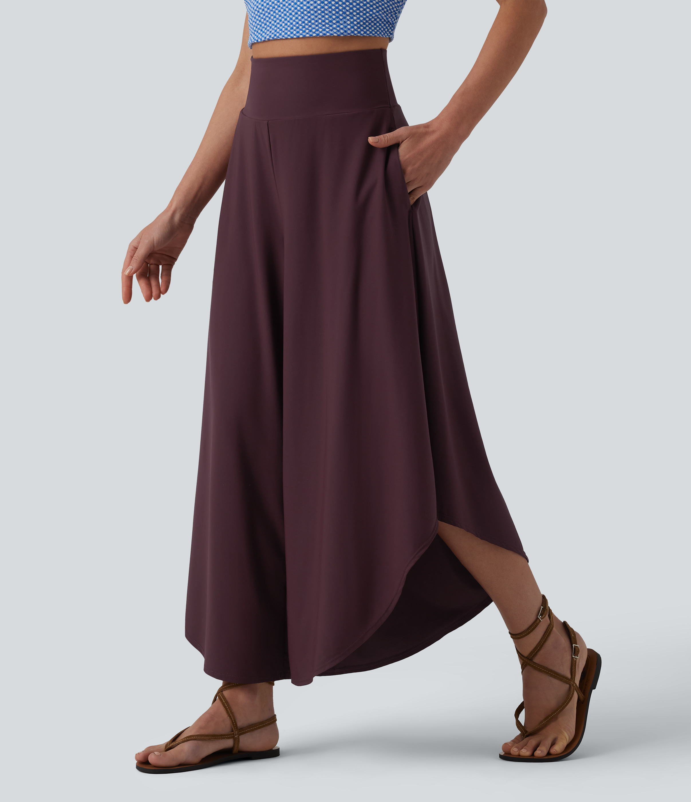 High Waisted Tummy Control Ruffle Hem Baggy Pants with Pockets