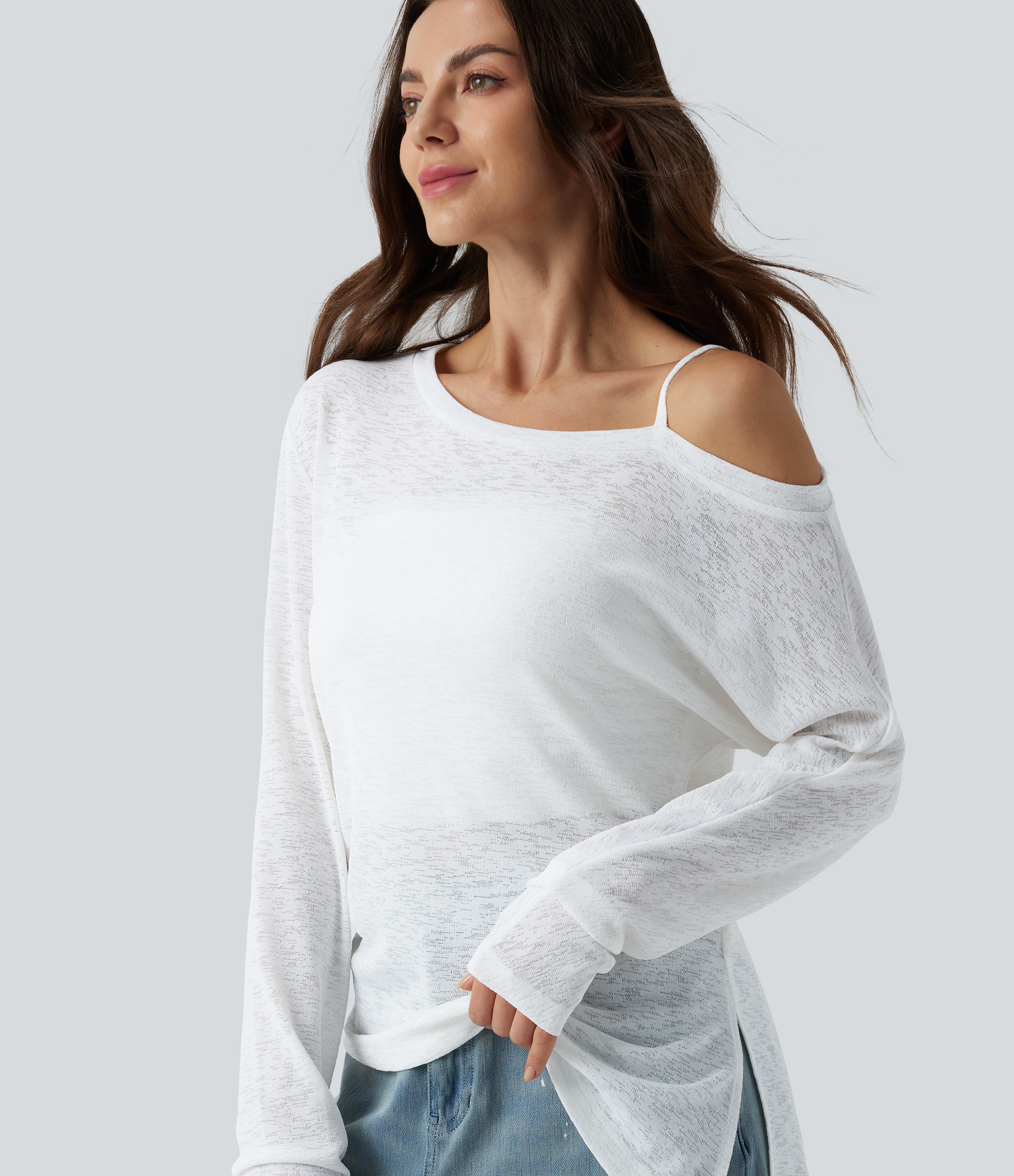 Semi Sheer One Shoulder Long Sleeve Asymmetric Hem Casual T-Shirt