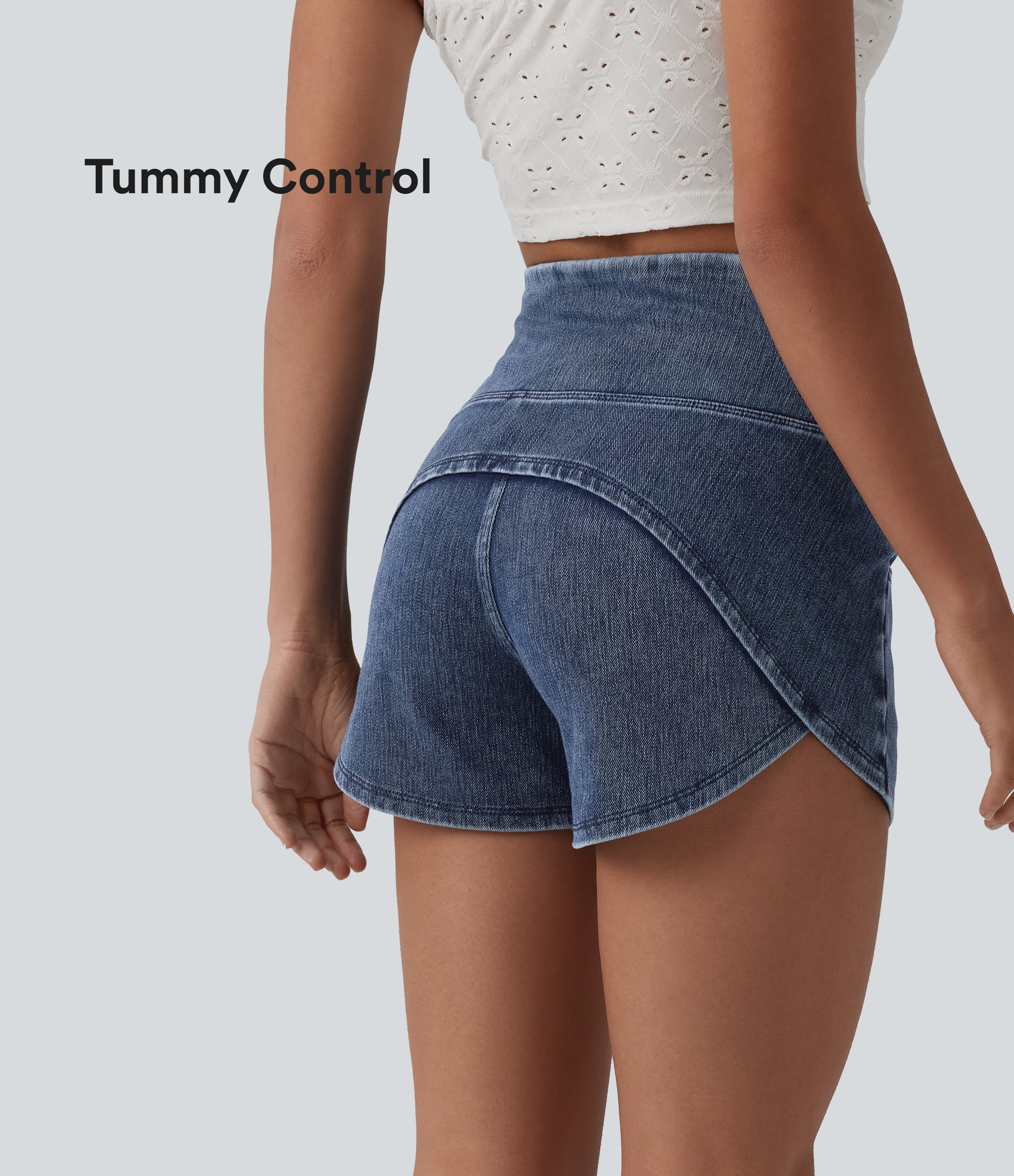 Halara Flex™ High Waisted Tummy Control Curved Hem Skinny Denim Casual Shorts with Pockets