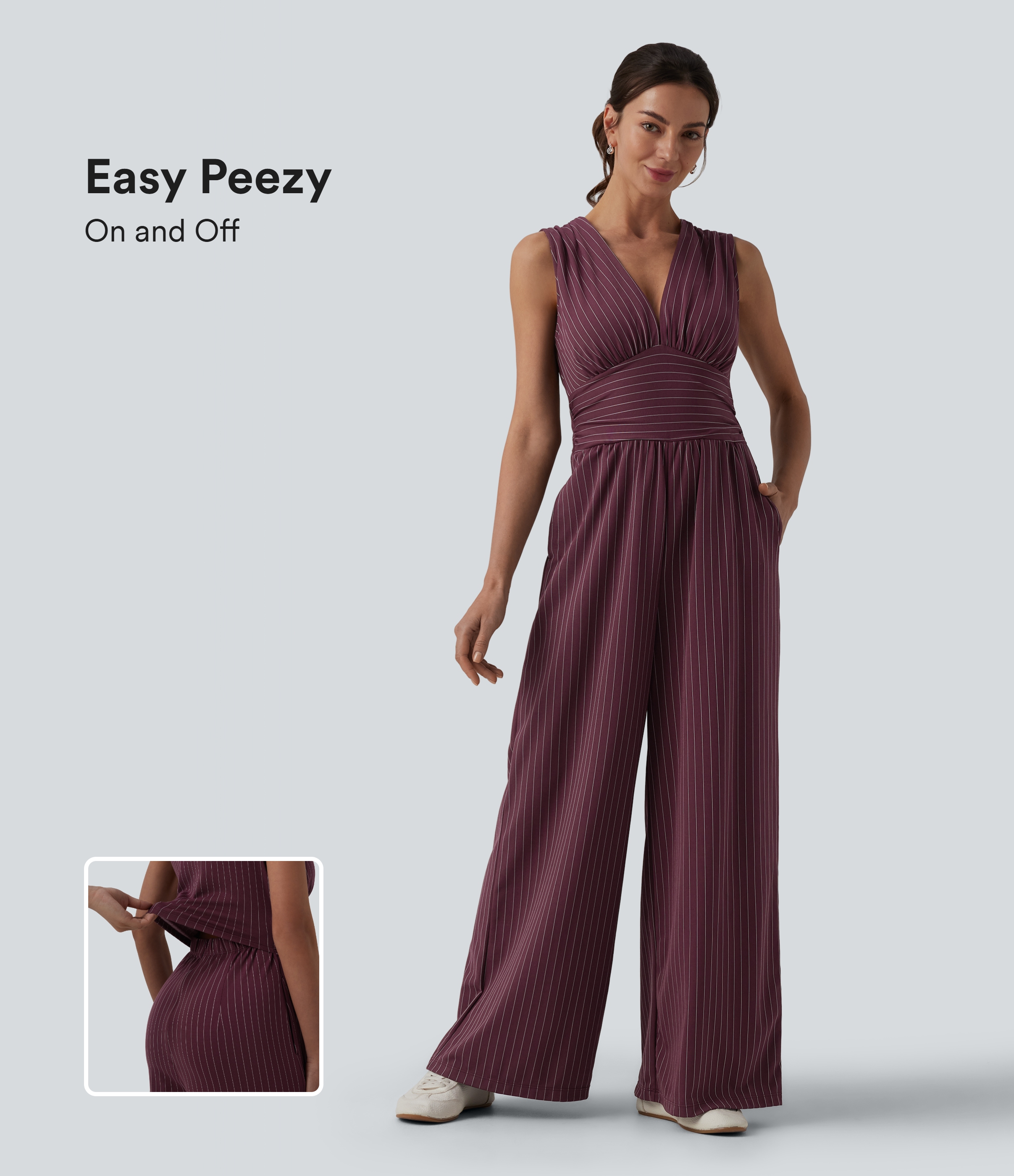 V Neck Sleeveless Ruched Stripes Work Jumpsuit with Pockets-Easy Peezy