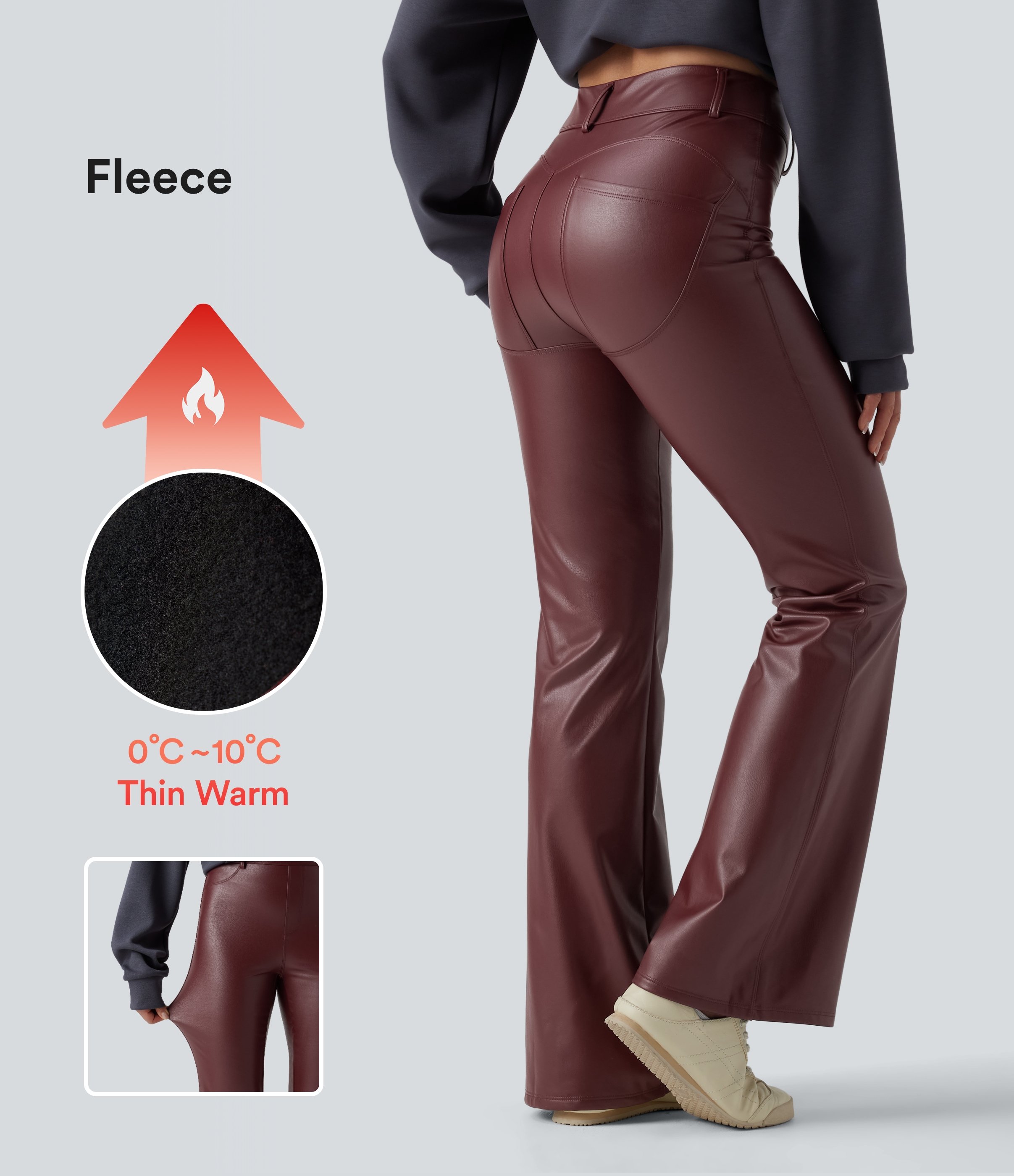 High Waisted Stretchy PU Fleece Casual Flare Pants with Pockets