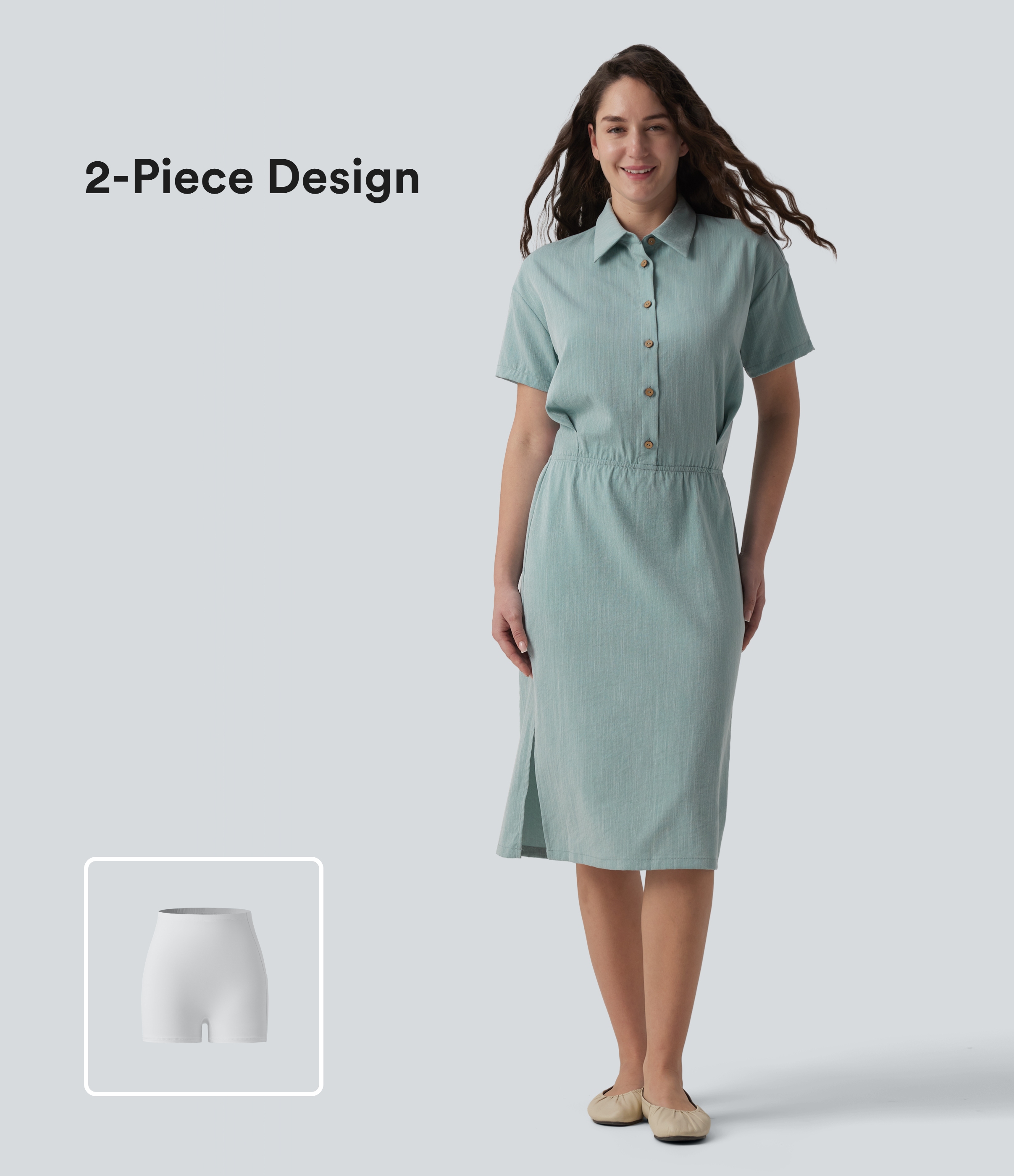 2-teiliges Arbeits-Hemdkleid in Leinenoptik mit kurzen Ärmeln