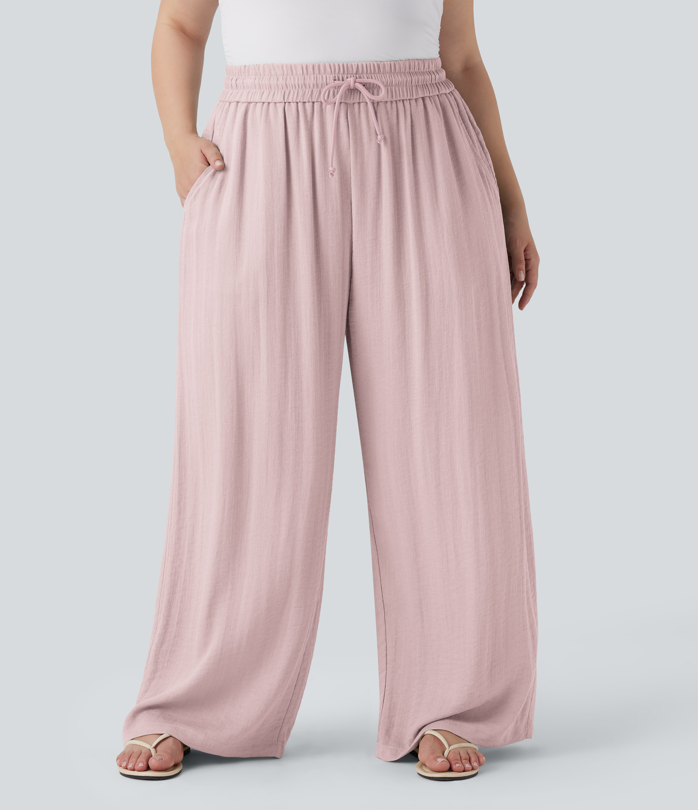Pantalon décontracté grande taille large fluide taille haute effet lin avec cordon de serrage et poches