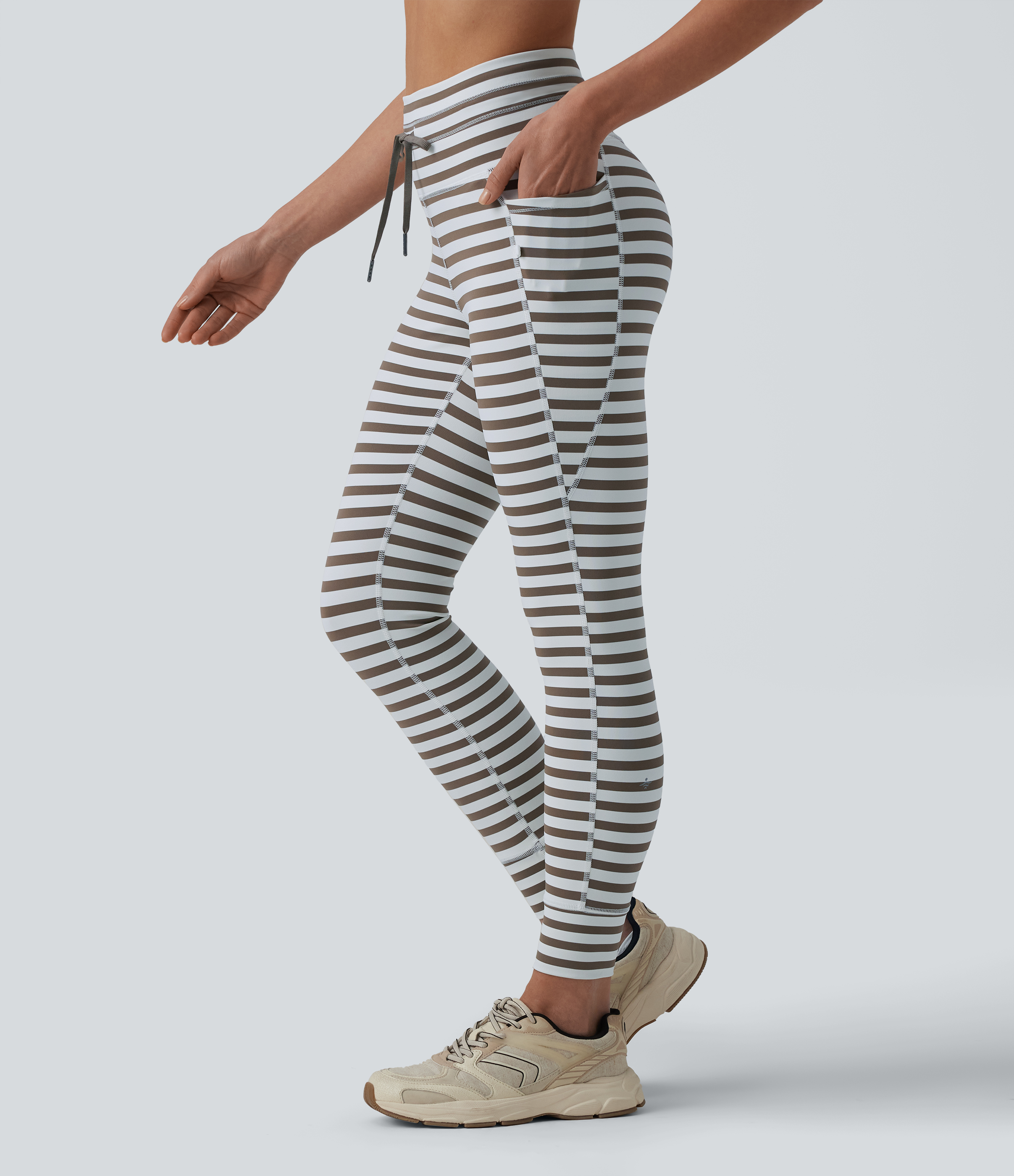 High Waisted Drawstring Stripe Yoga Leggings with Pockets