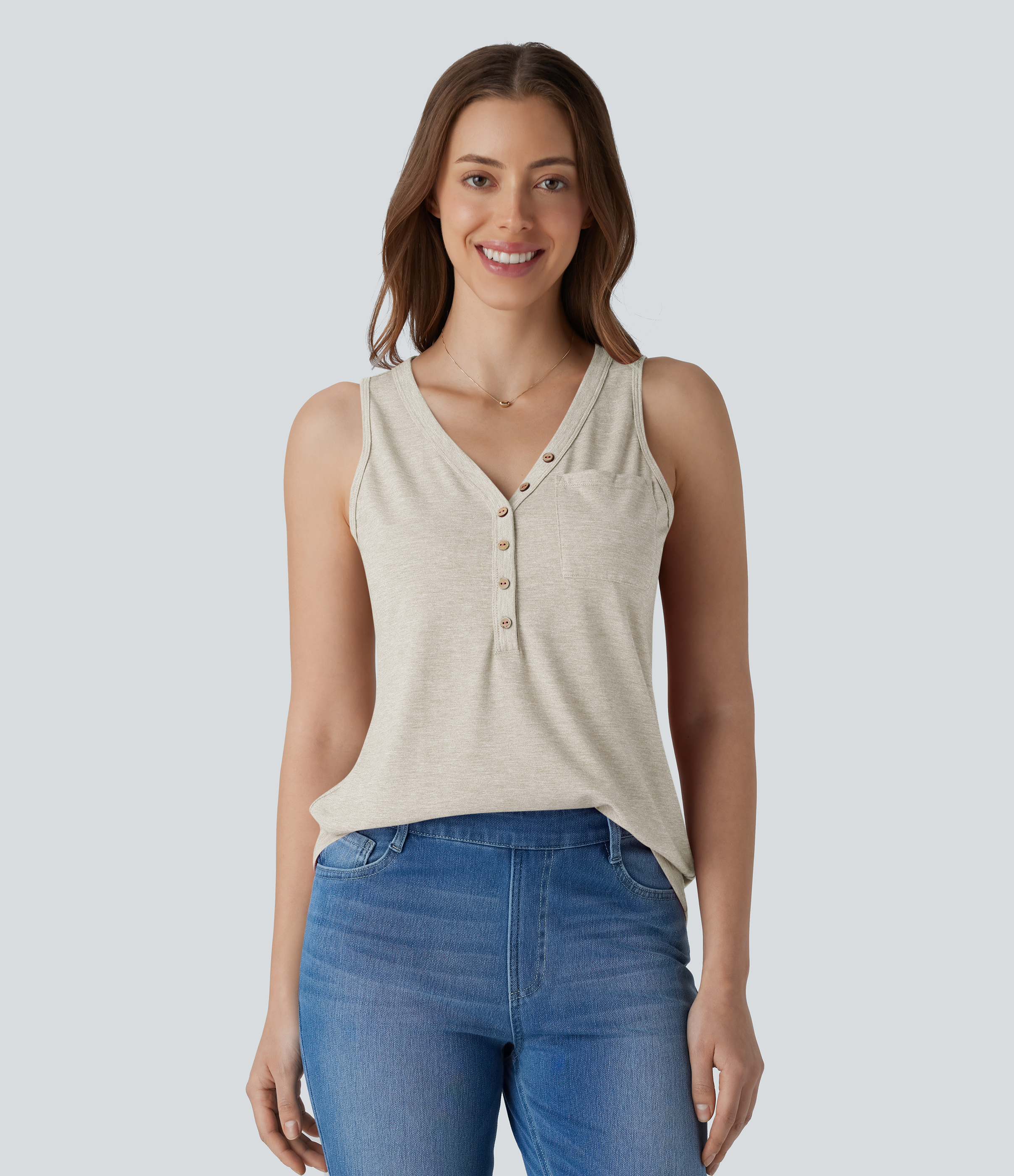 V Neck Sleeveless Decorative Casual Top