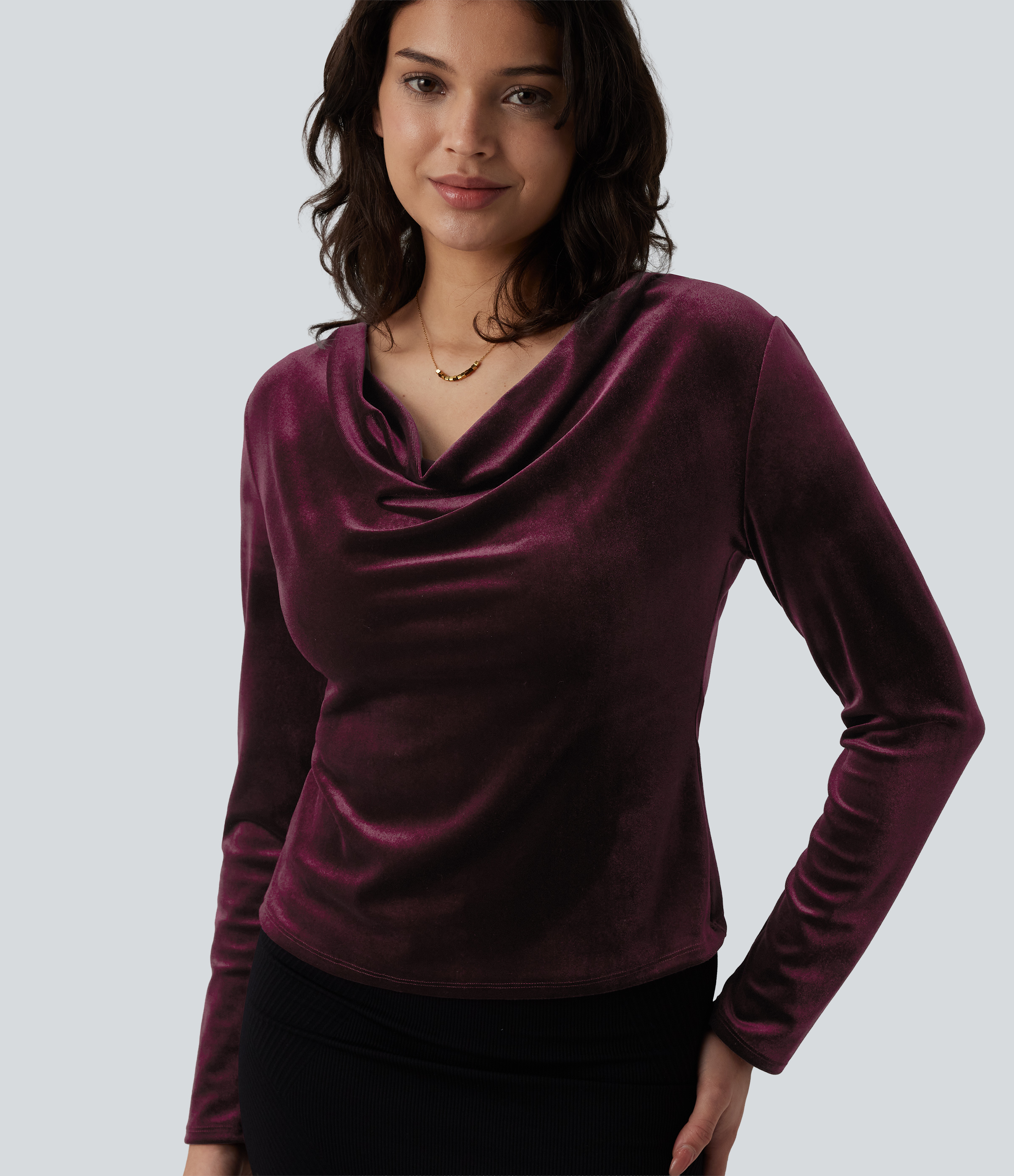 Cowl Neck Long Sleeve Velvet Top