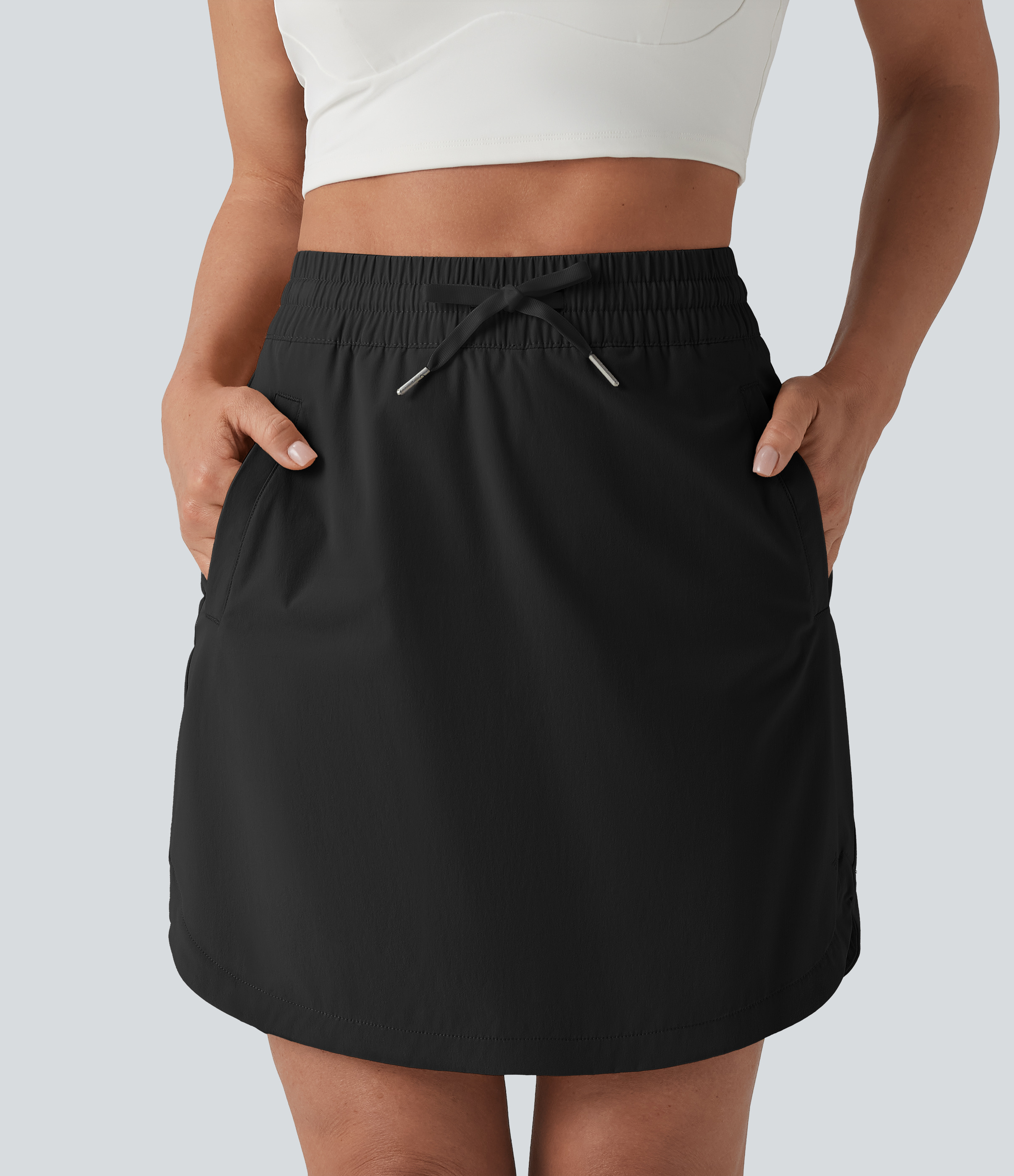 High Waisted Drawstring 2-in-1 Curved Hem Mini Golf Skirt with Pockets-Longer Length