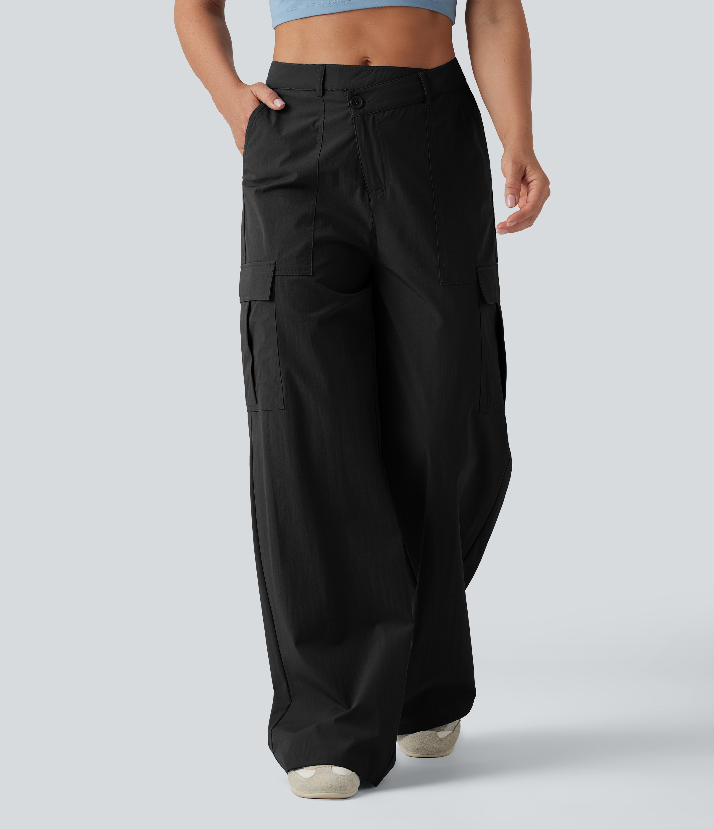 Asymmetric Mid Rise Wide Leg Casual Cargo Pants with Pockets