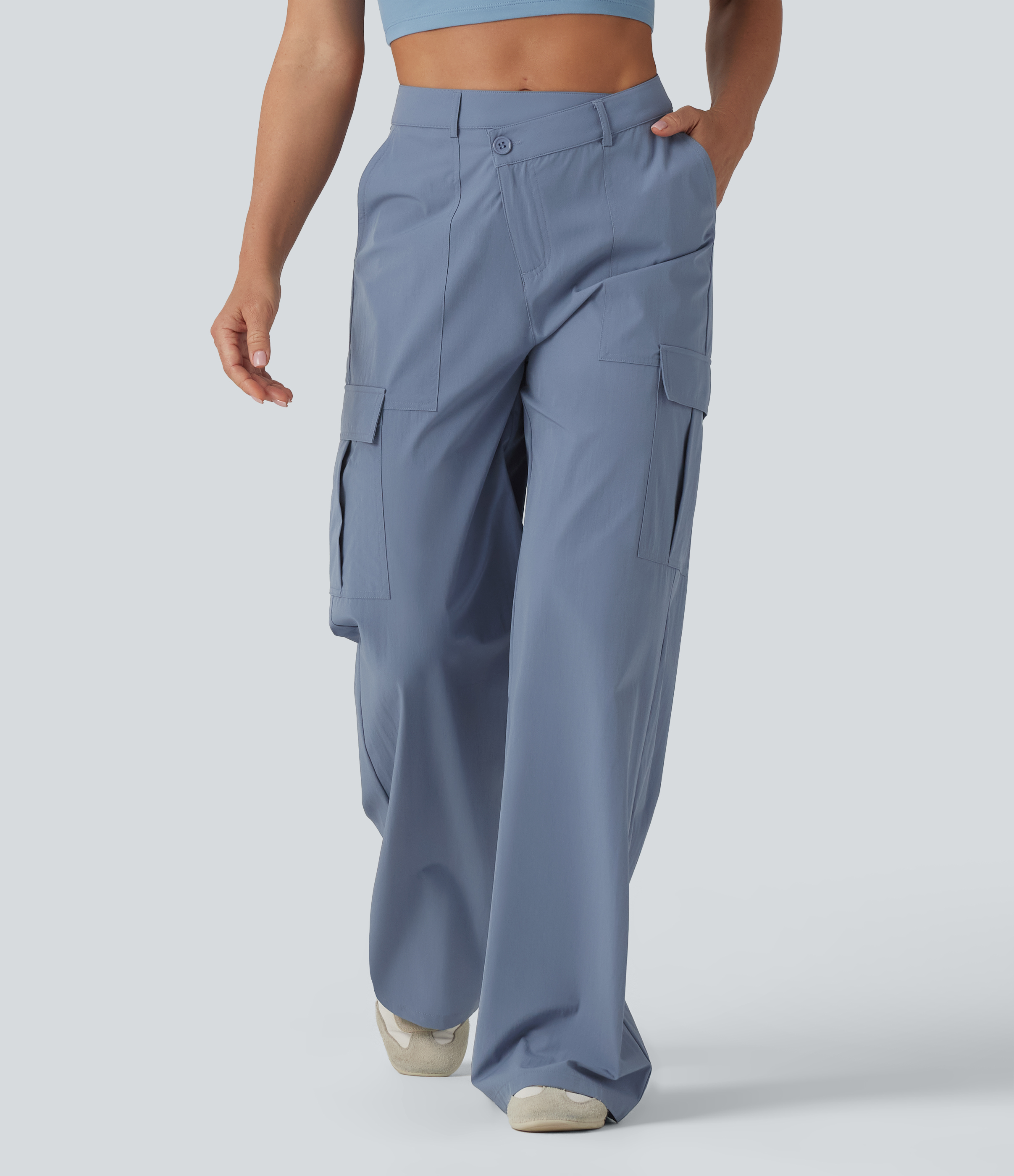 Asymmetric Mid Rise Wide Leg Casual Cargo Pants with Pockets