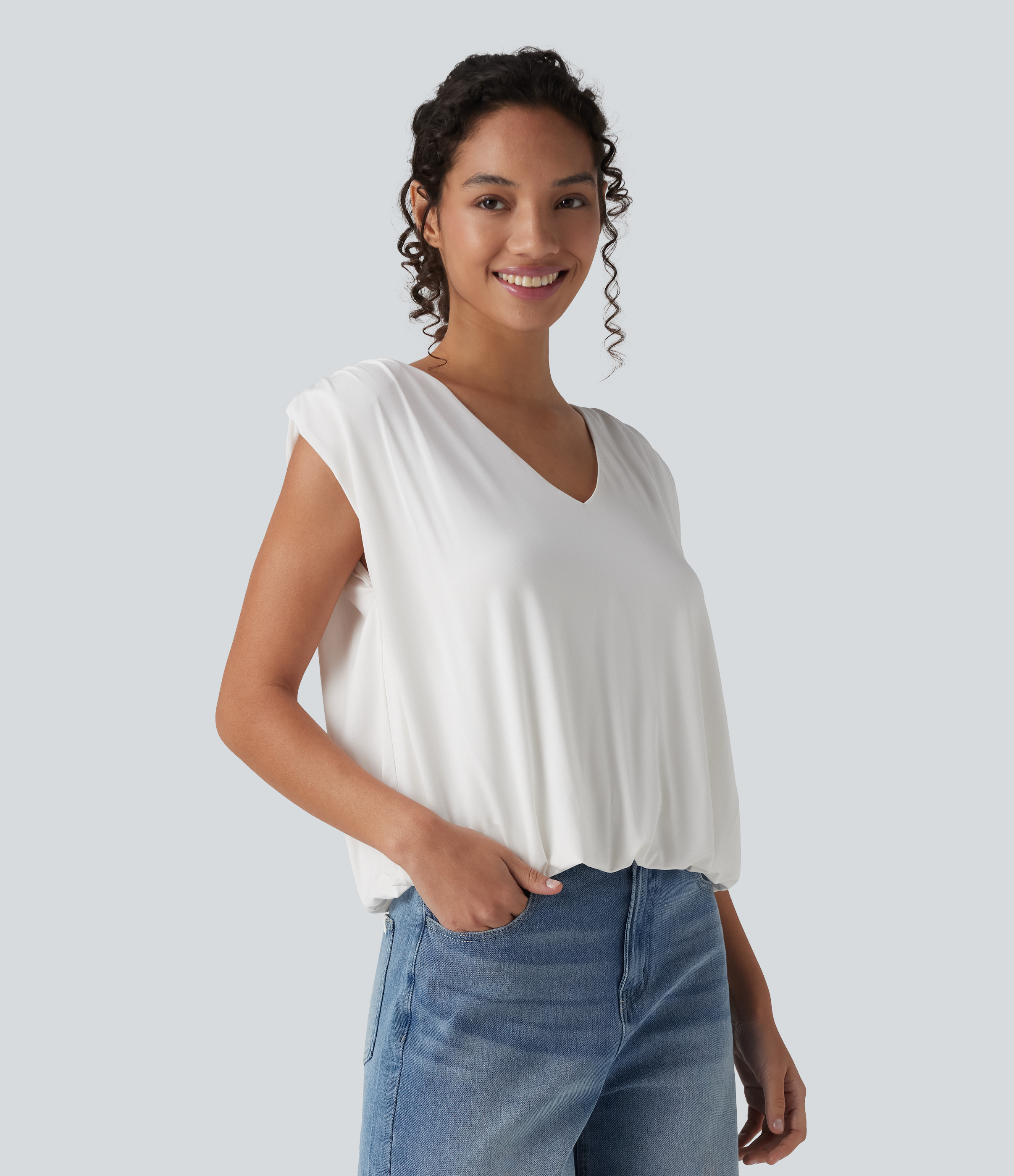 Top casual col V sans manches