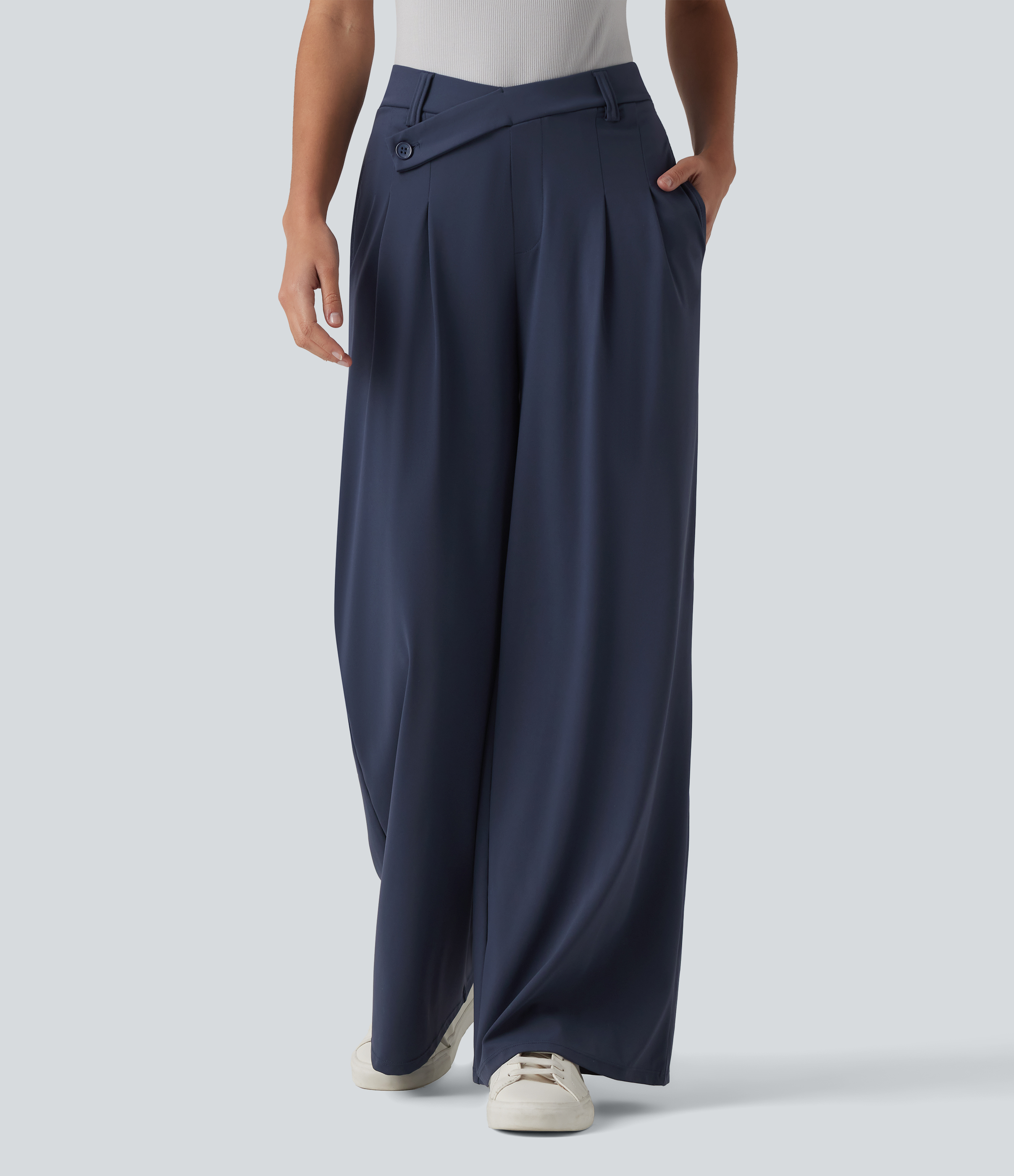Asymmetric Mid Rise Flare Suit Work Pants with Pockets