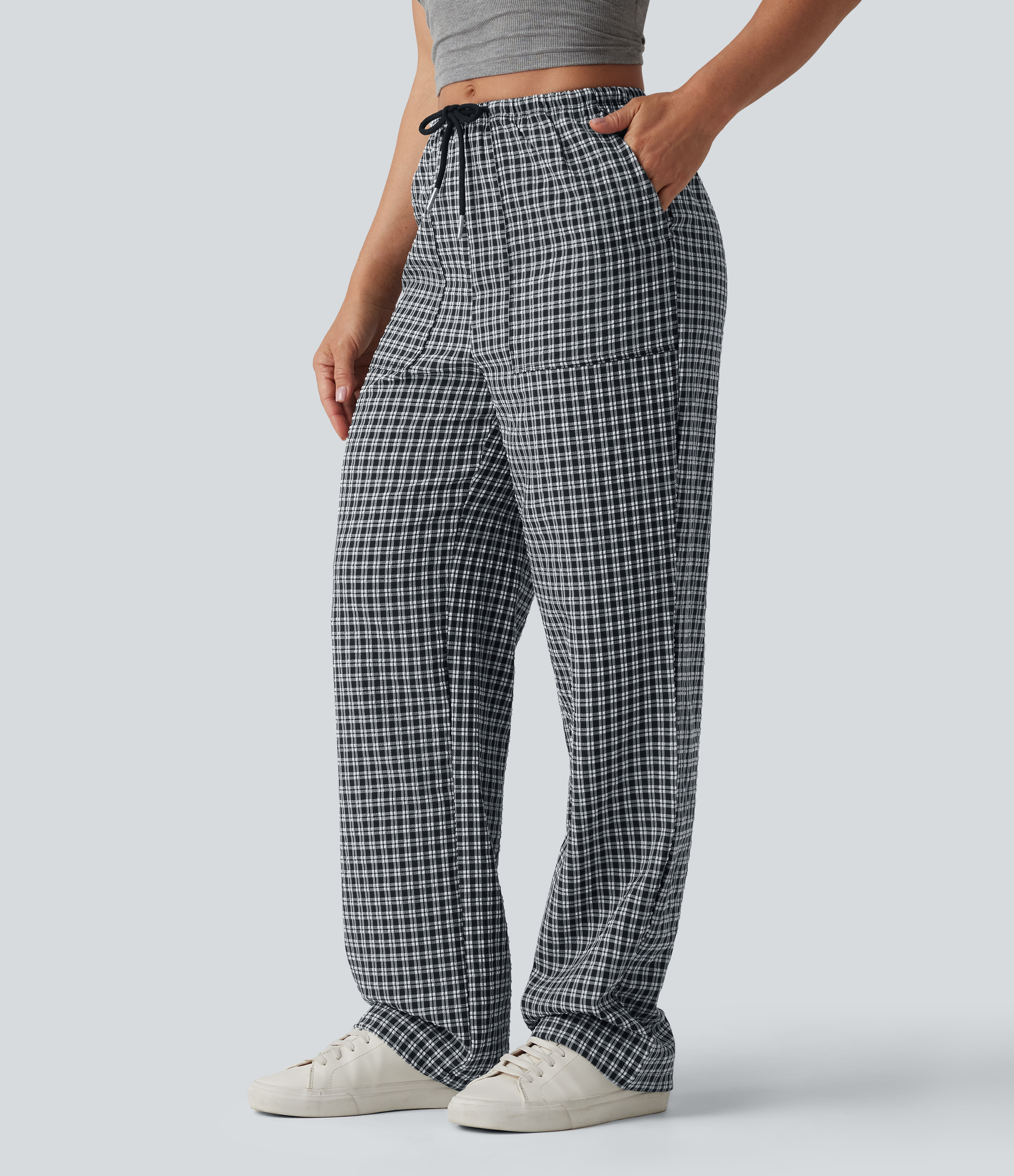 Mid Rise Drawstring Straight Leg Gingham Casual Pants with Pockets