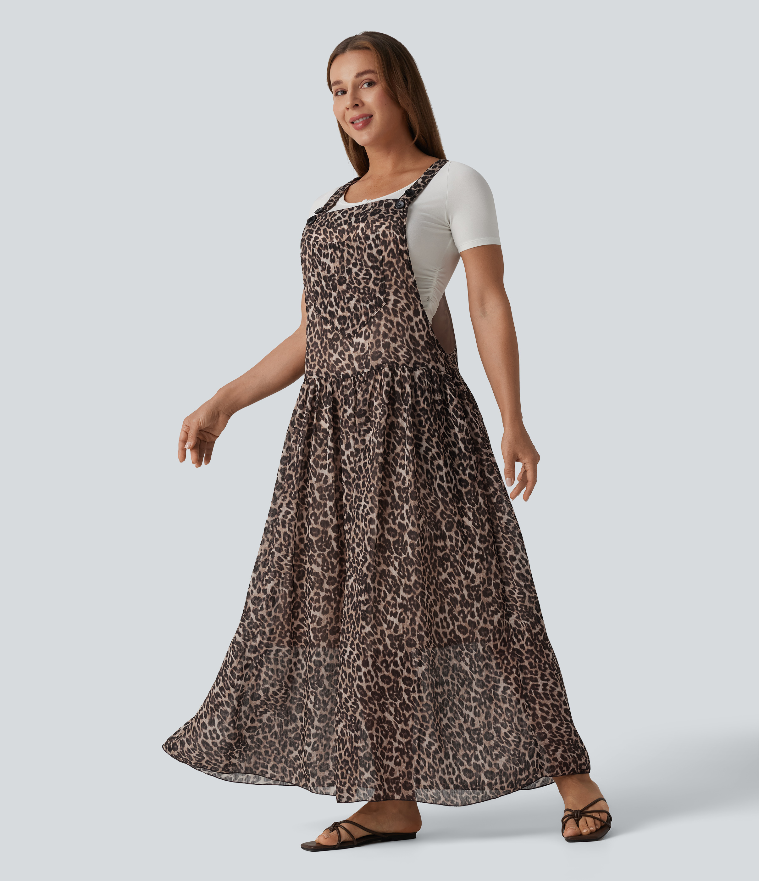 Adjustable Straps Plaid/Leopard Print Maxi Flowy Casual Pinafore Dress with Pockets