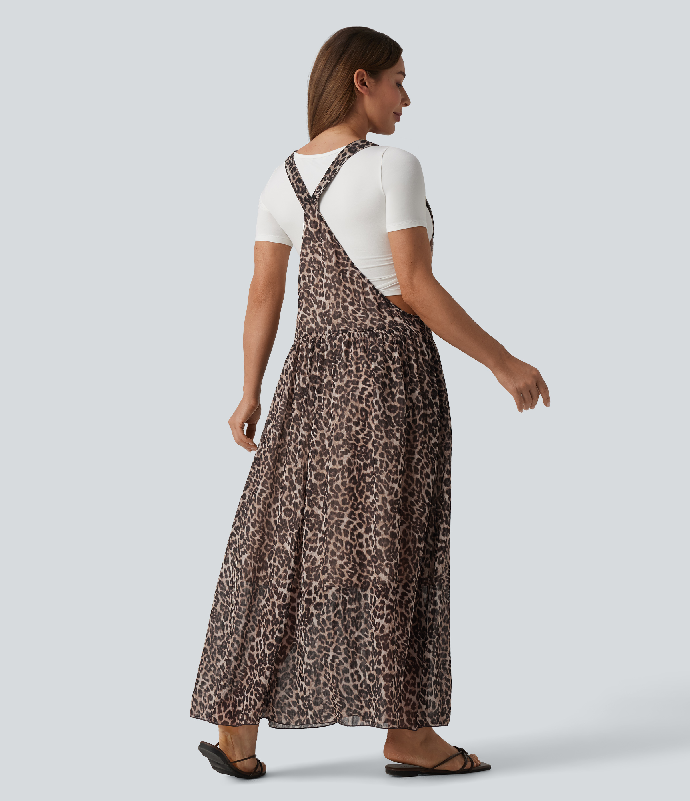 Fierce Tan Adjustable Straps Plaid/Leopard Print Maxi Flowy Casual Pinafore Dress with Pockets / 2