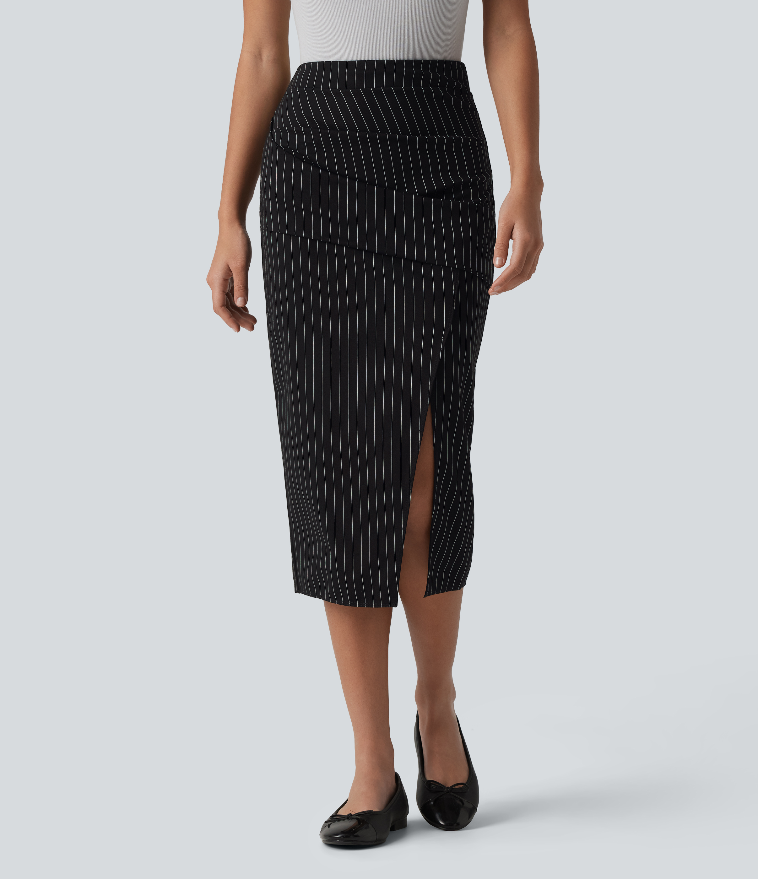 HIgh Waisted Crossover Split Hem Midi Stripes Work Bodycon Skirt