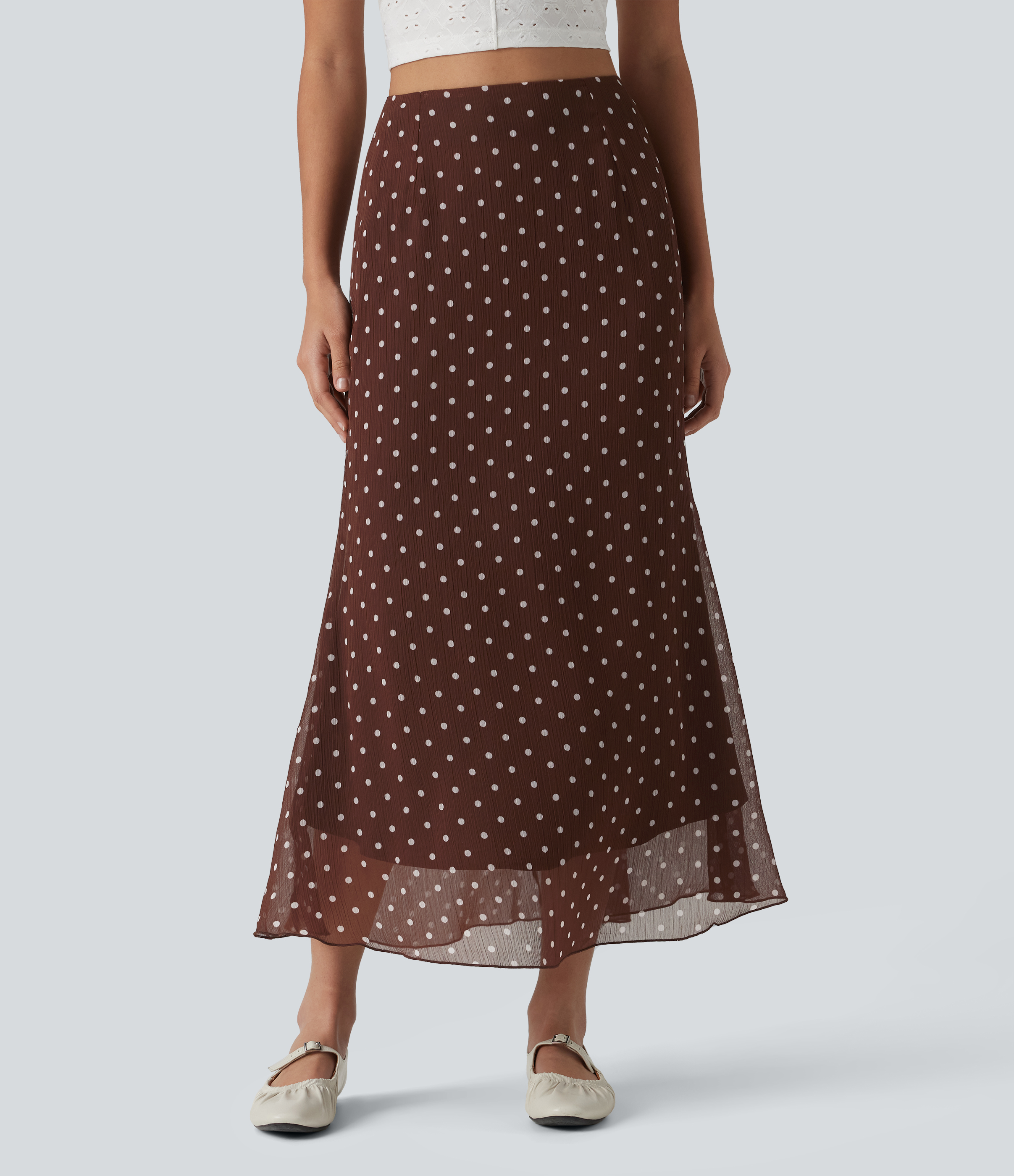 Jupe midi fluide sirène taille haute à pois