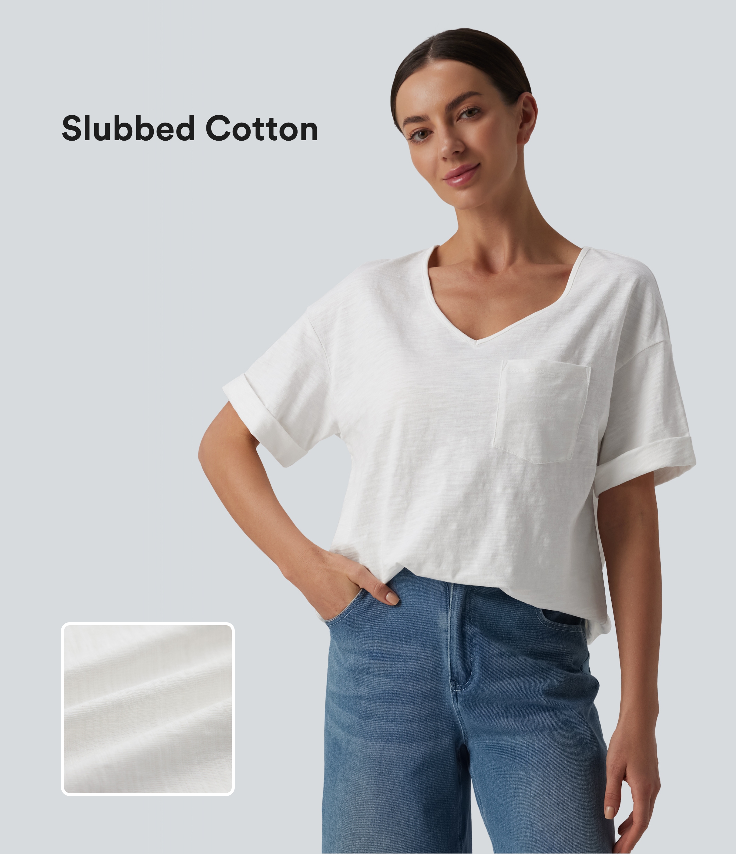 T-shirt casual ample col cœur manches courtes retroussées en coton slub avec poche