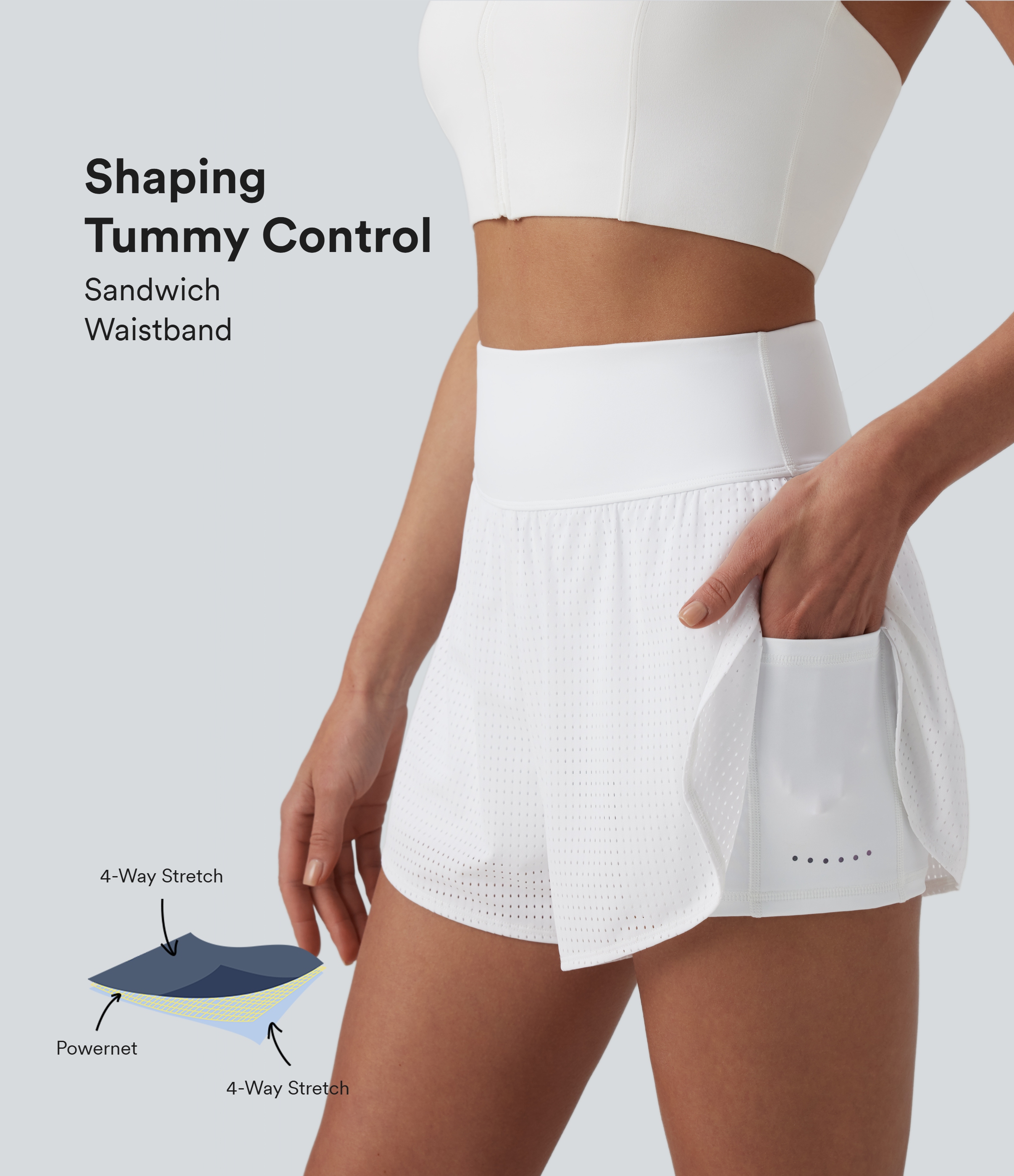 Ψηλόμεσα σορτς γιόγκα με σύσφιξη στην κοιλιά, ανακλαστικές κουκκίδες, σταυρωτό καμπυλωτό τελείωμα, 2‑σε‑1 σχεδιασμός με οπές (eyelet) και τσέπες