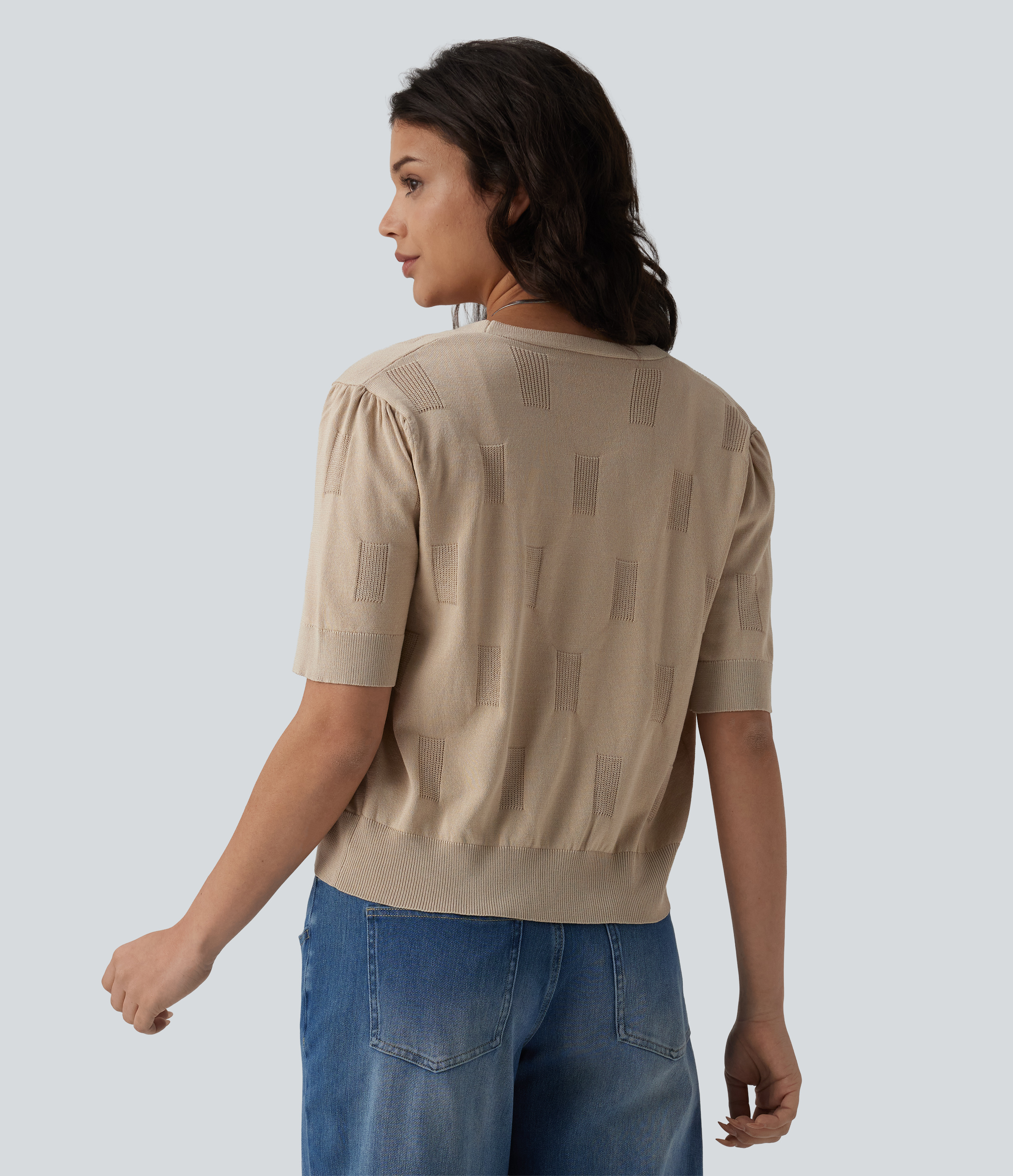 Almond Milk V Neck Short Sleeve Casual Cardigan / 2