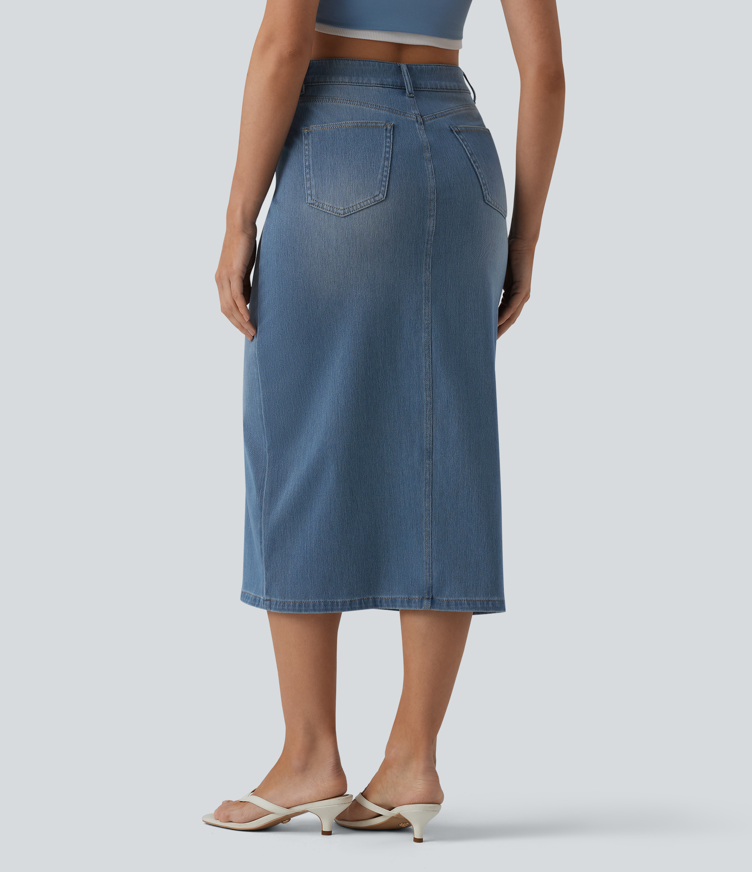  Blue Jasper Denim Halara Flex™ High Waisted Split Midi Denim Casual Straight Skirt with Pockets / 2
