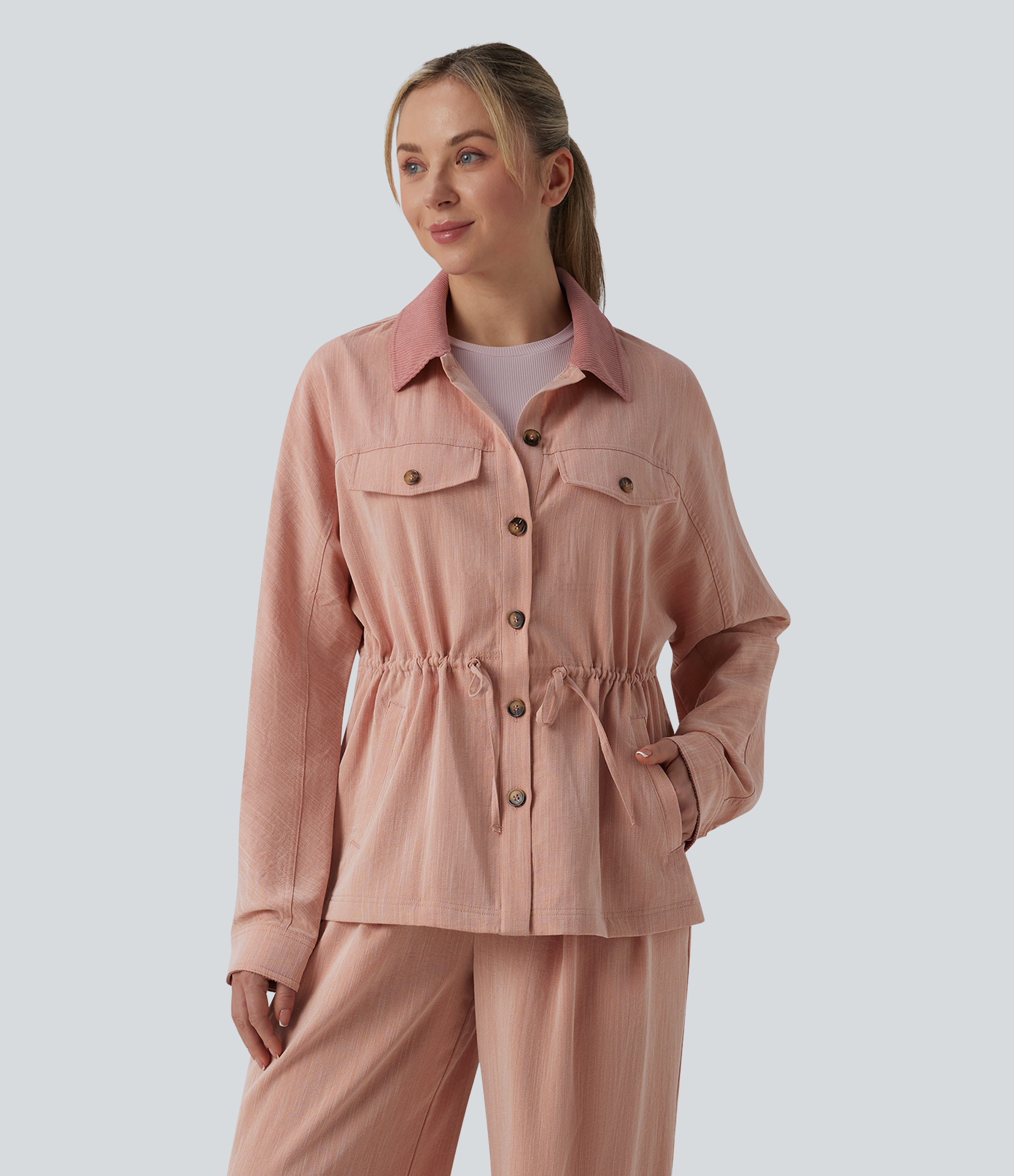 Veste casual manches longues aspect lin à cordon de serrage avec poches